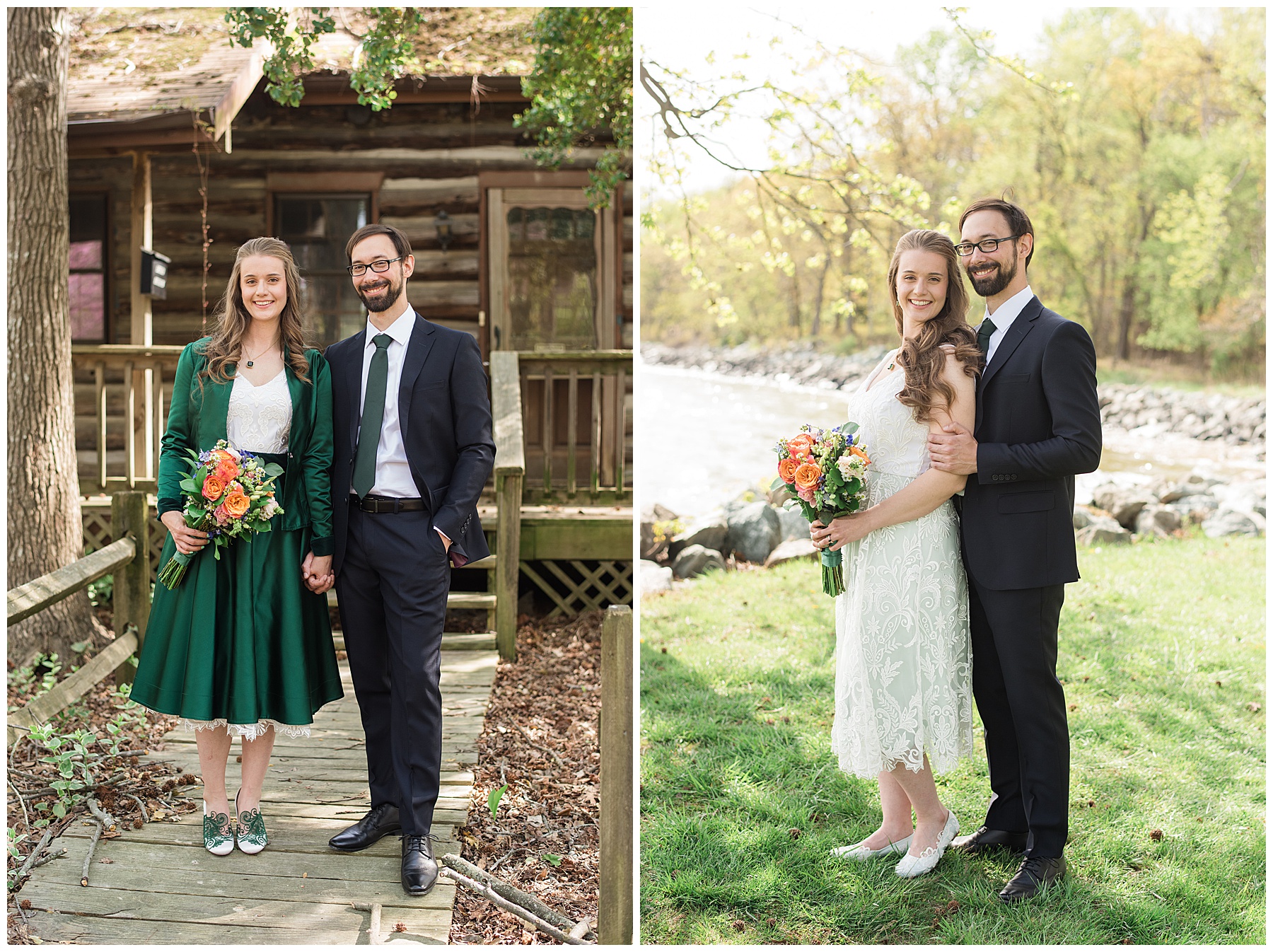 bride and groom green dress outfit change portrait