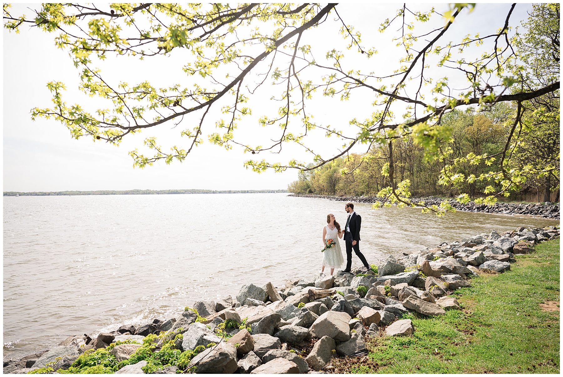 bride and groom portrait wide waterfront