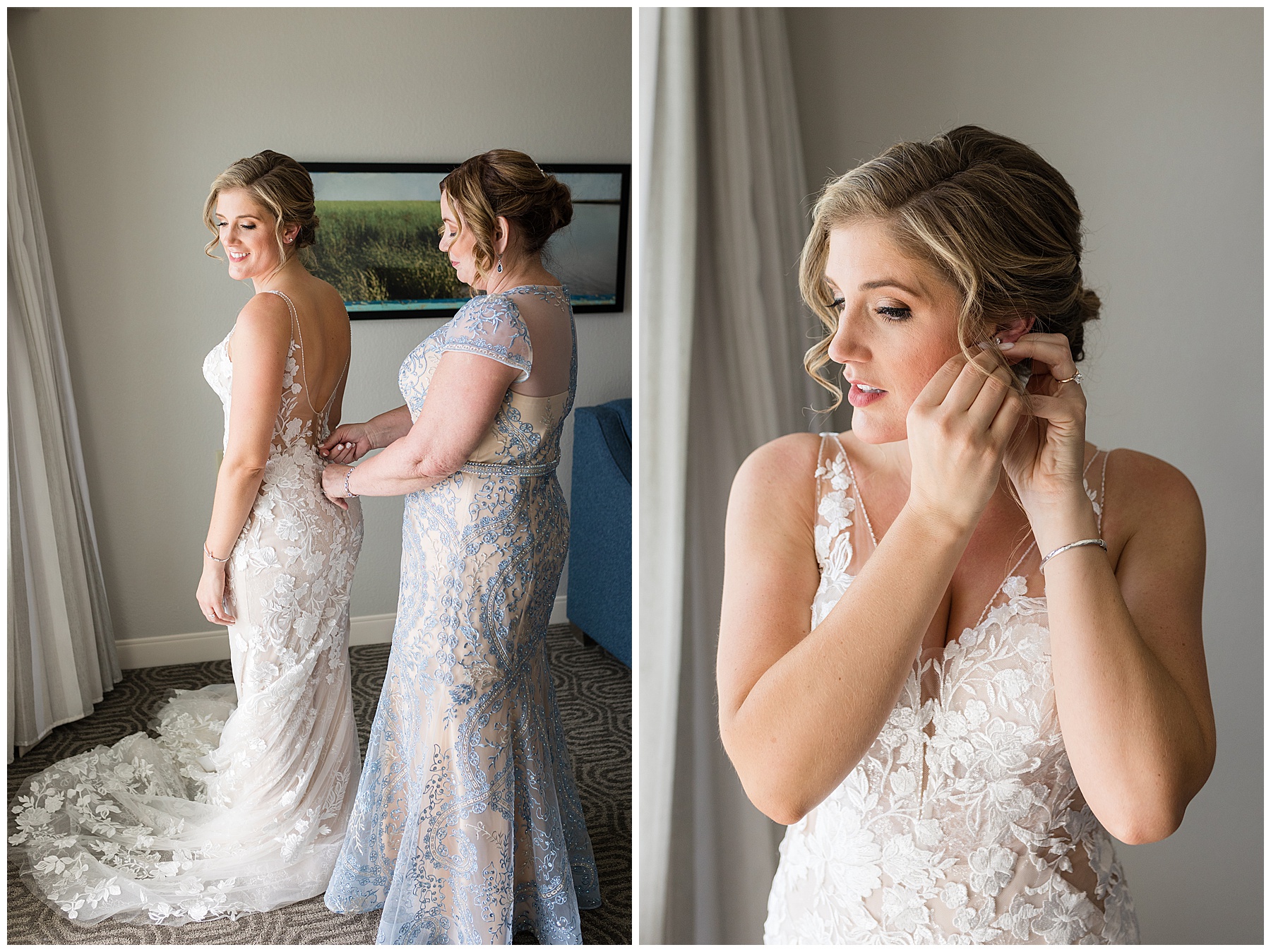 bride getting ready mom buttoning dress