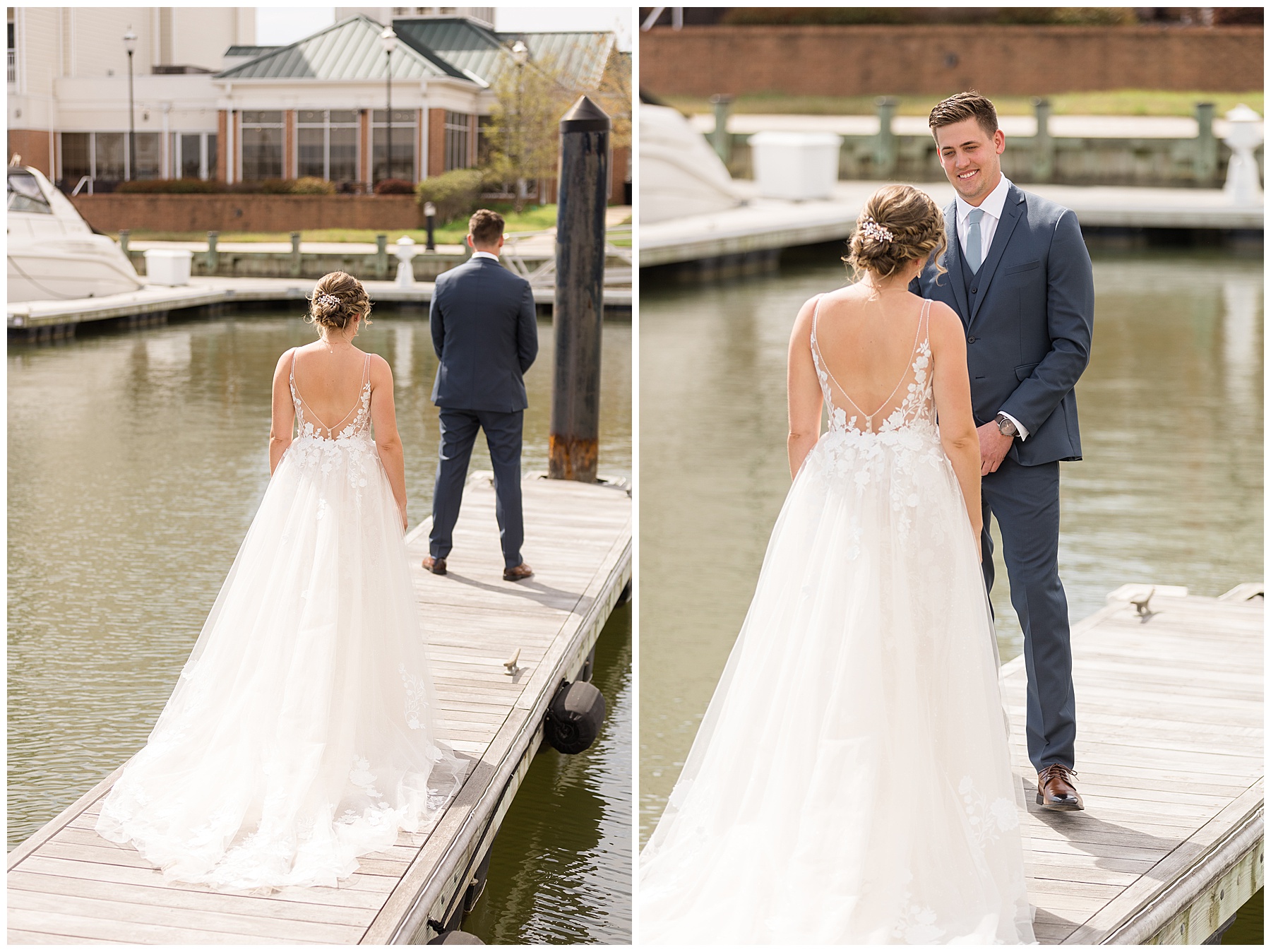 bride and groom first look on pier