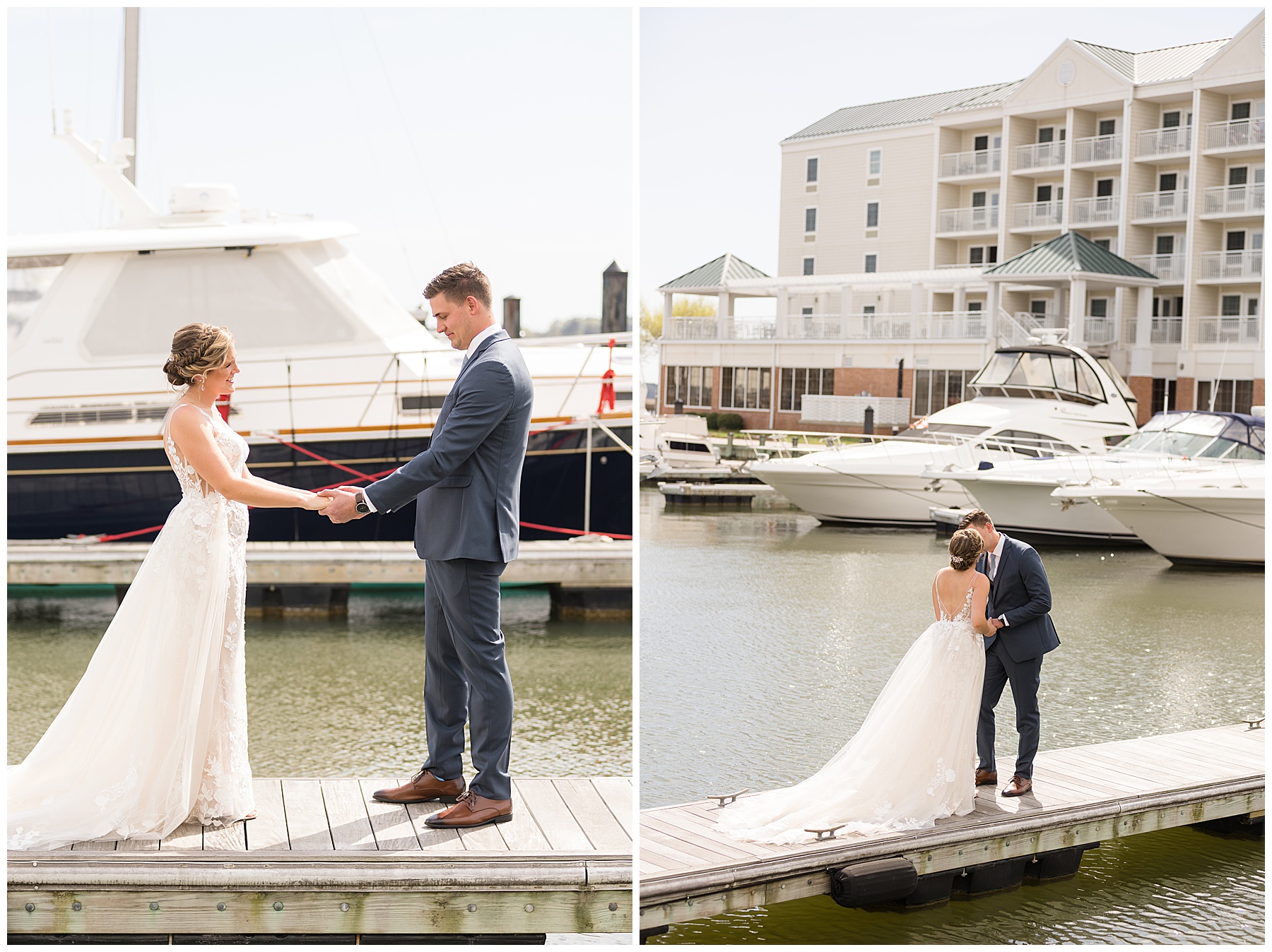 bride and groom first look on pier