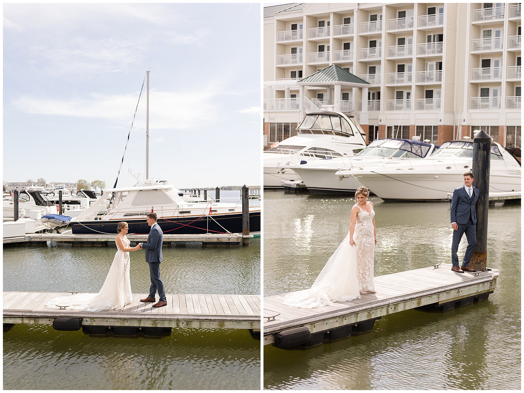 bride and groom portrait on pier