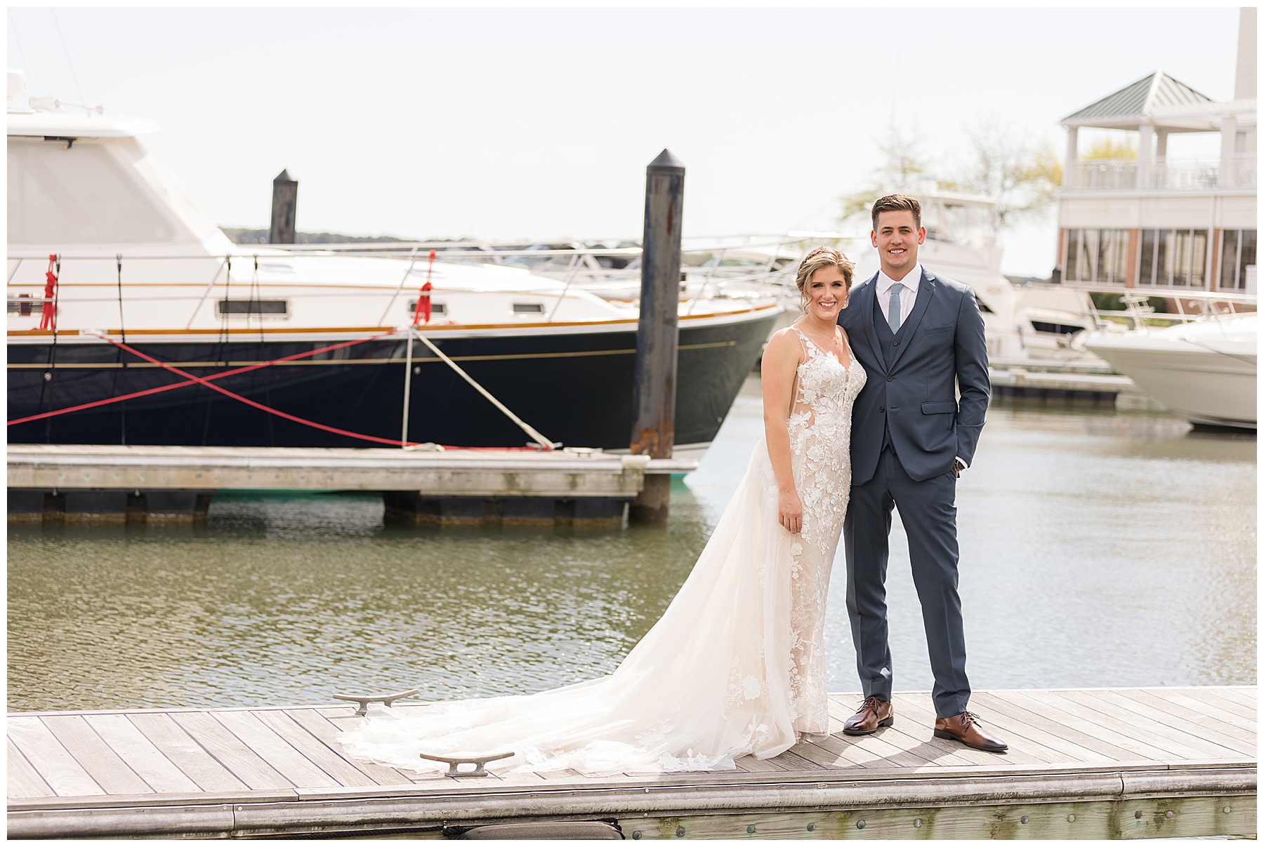 bride and groom portrait on pier