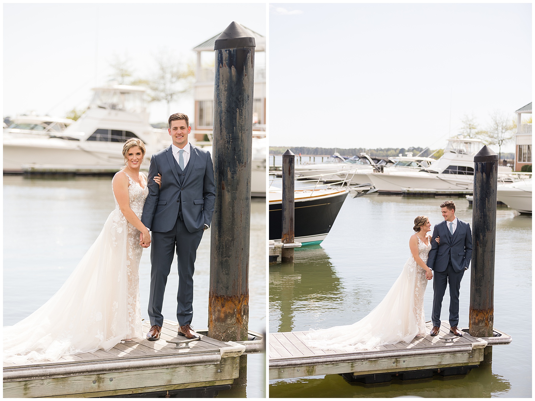 bride and groom portrait on pier