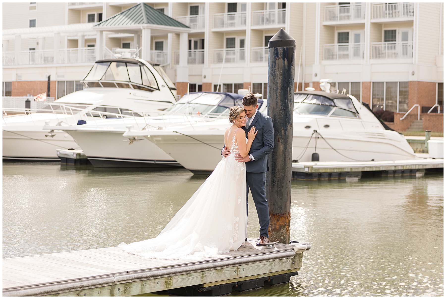 bride and groom portrait on pier