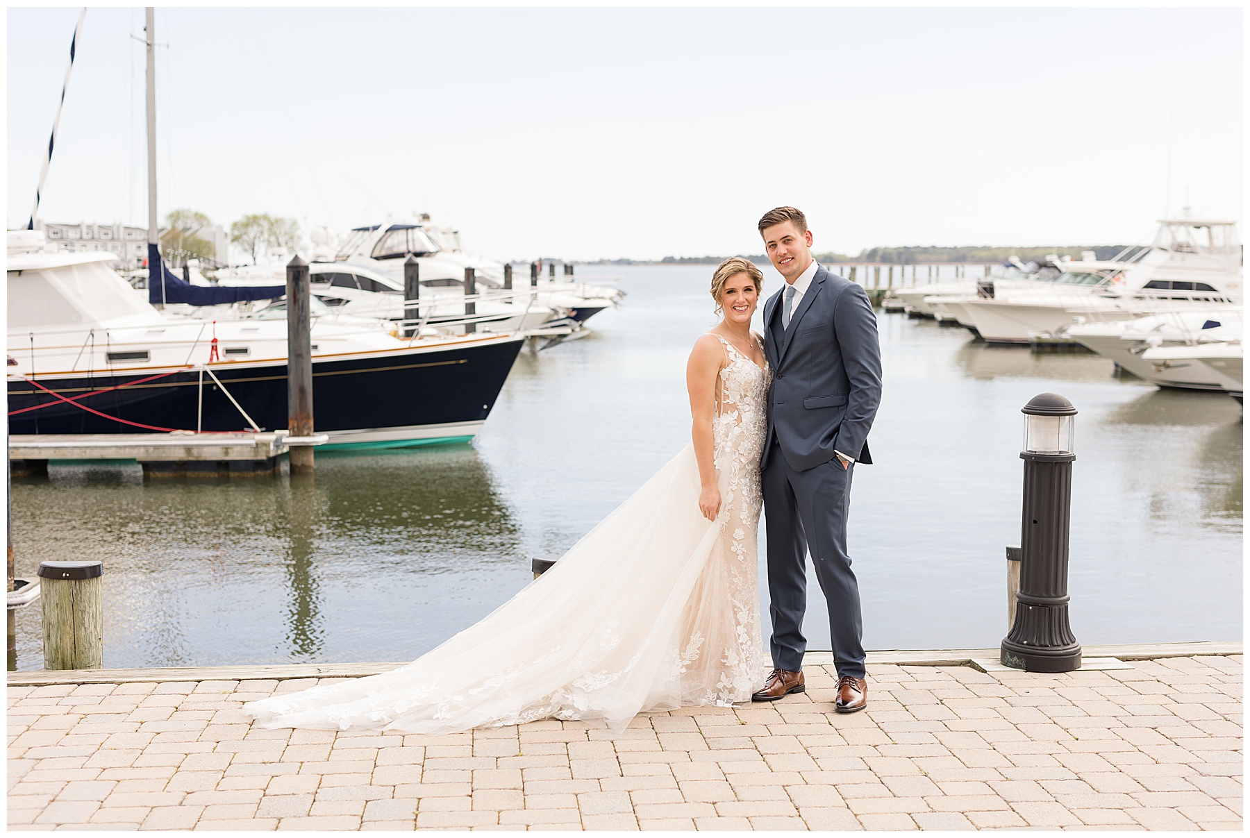 bride and groom on pier chesapeake bay