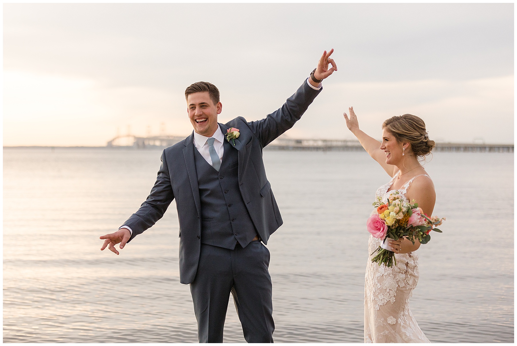 bride and groom silly portrait on beach