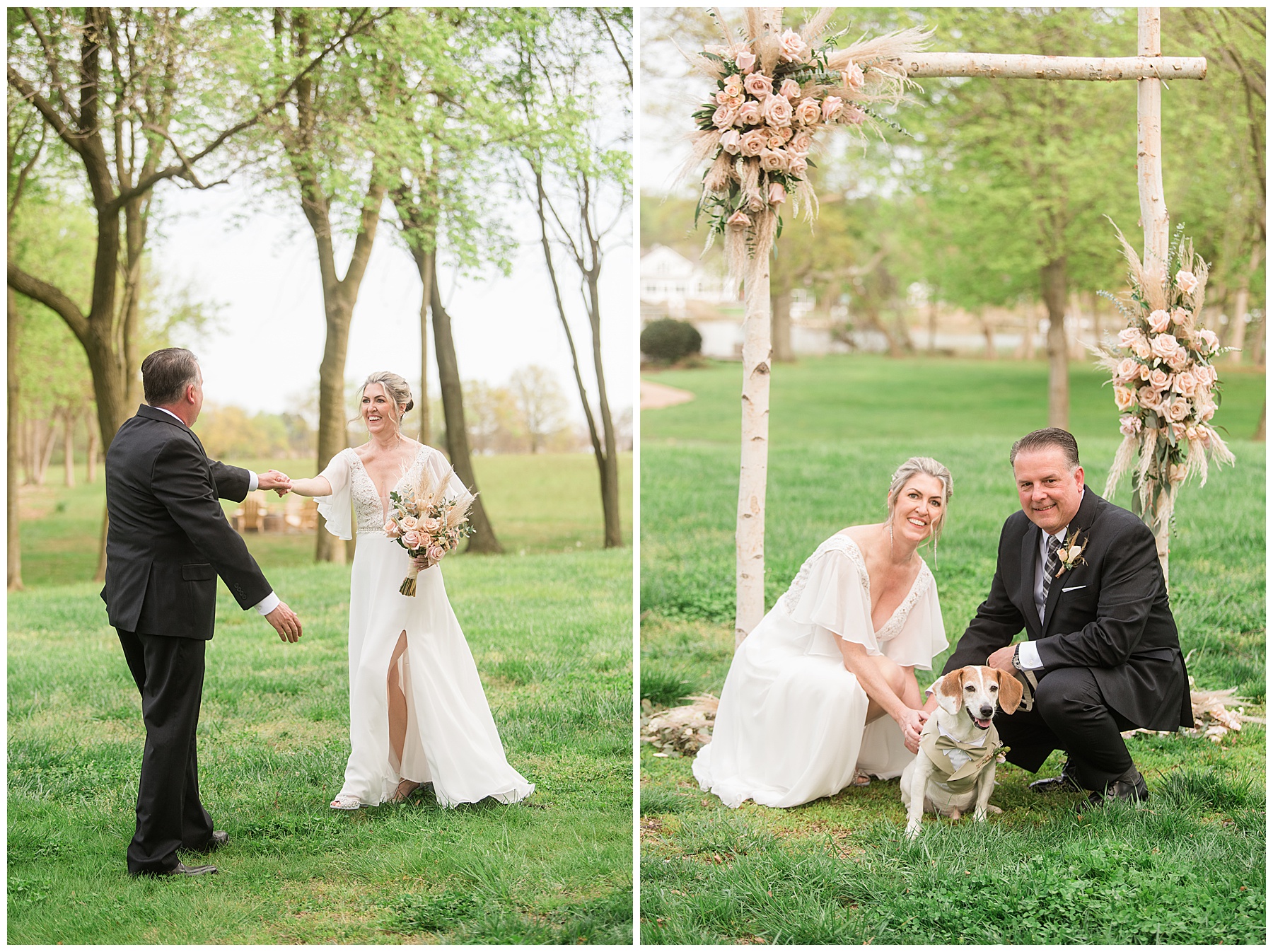 bride and groom with dog