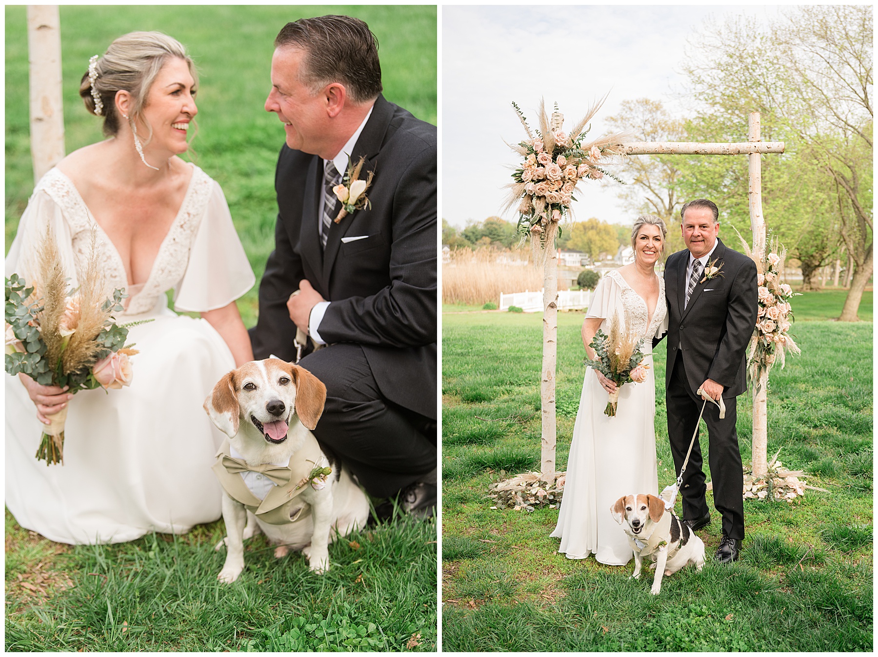 bride and groom with dog