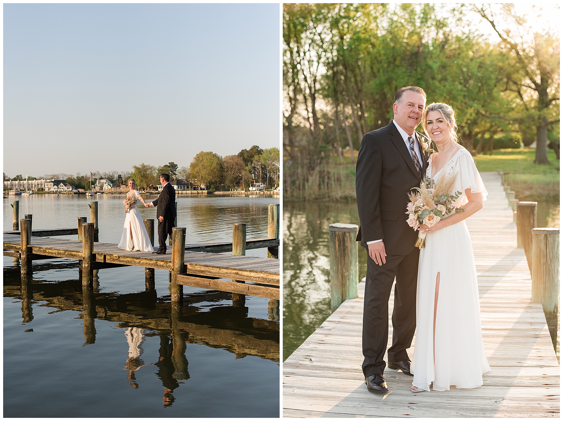 bride and groom portraits golden hour pier