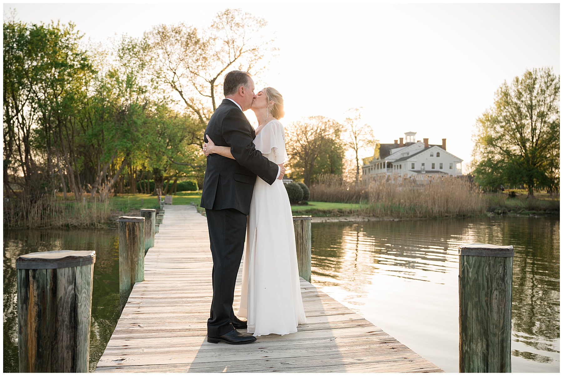 bride and groom portraits golden hour pier