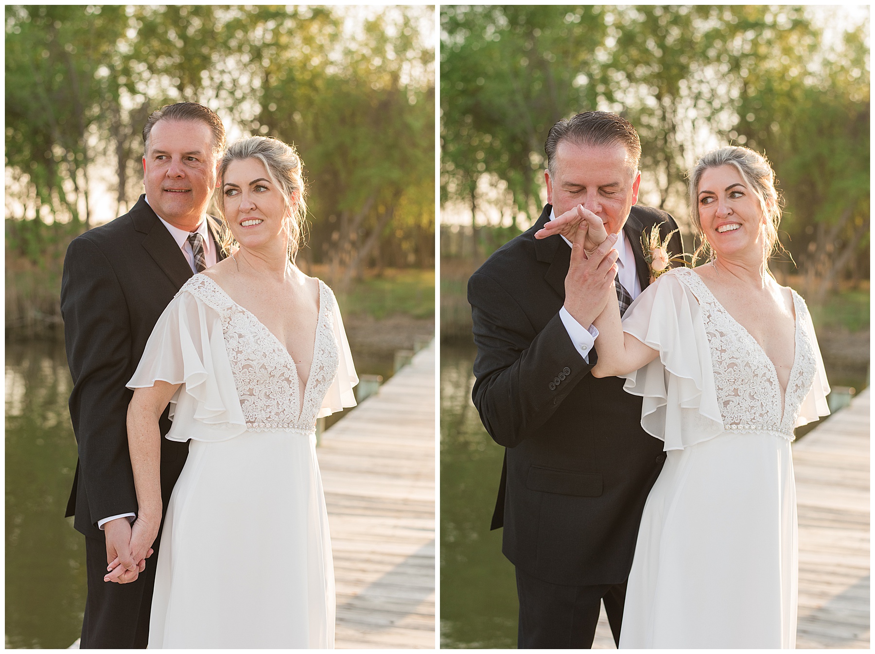 bride and groom portraits golden hour pier