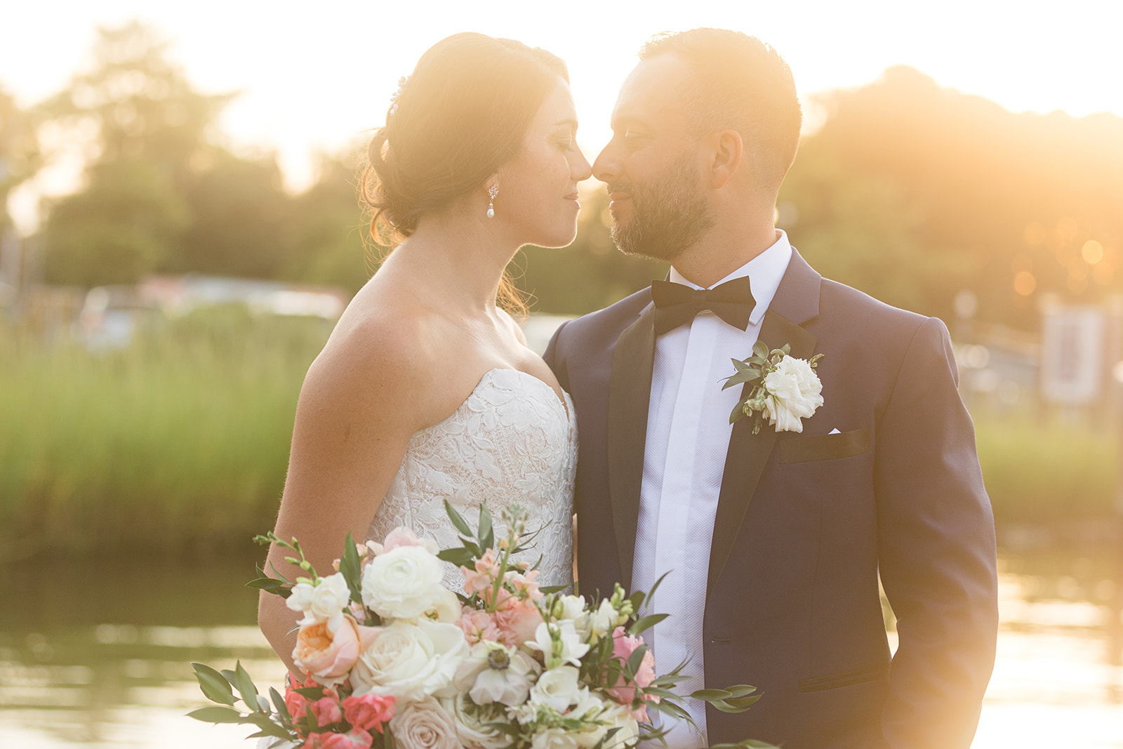 bride and groom glowy sunset portrait