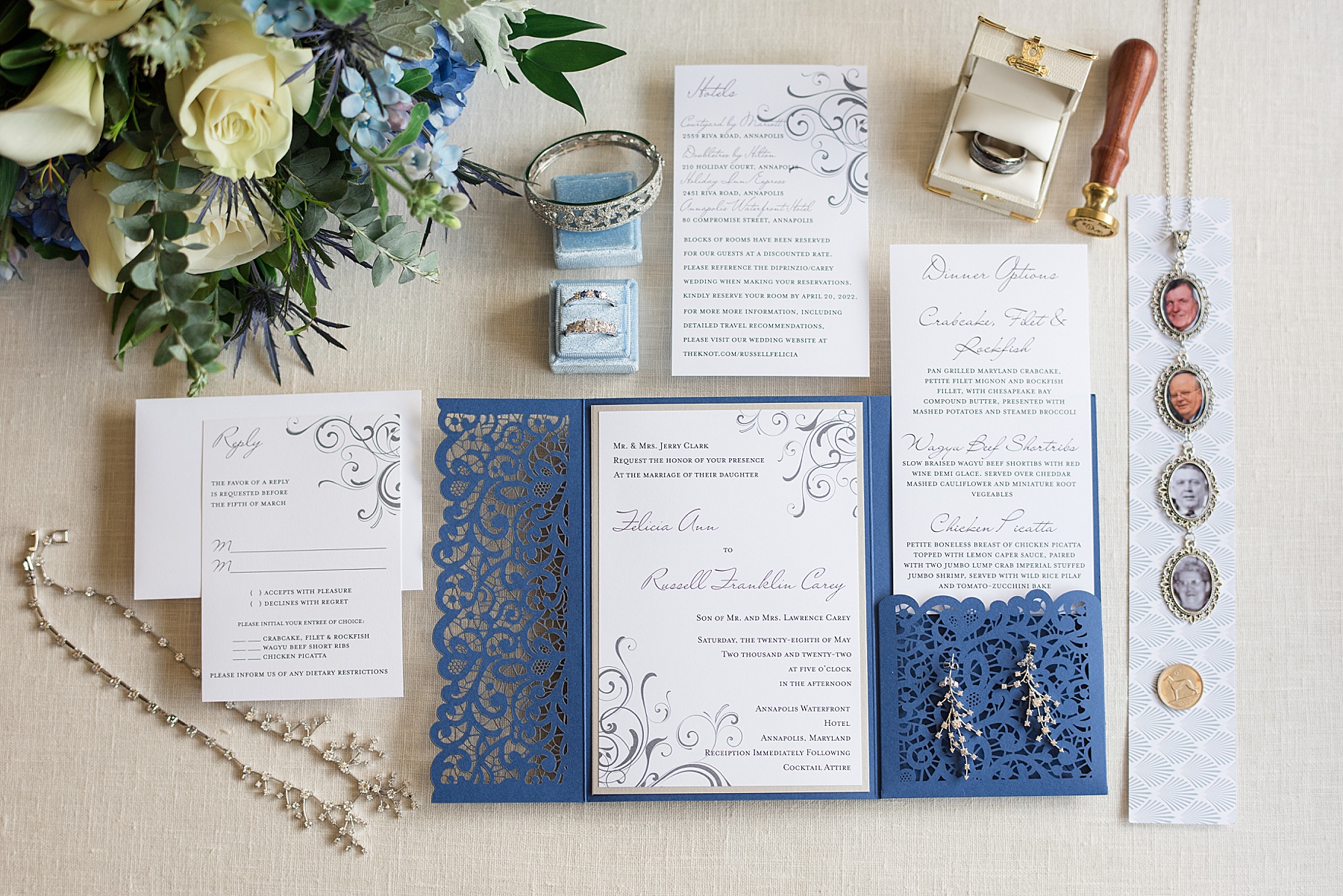 wedding flat lay blue suite