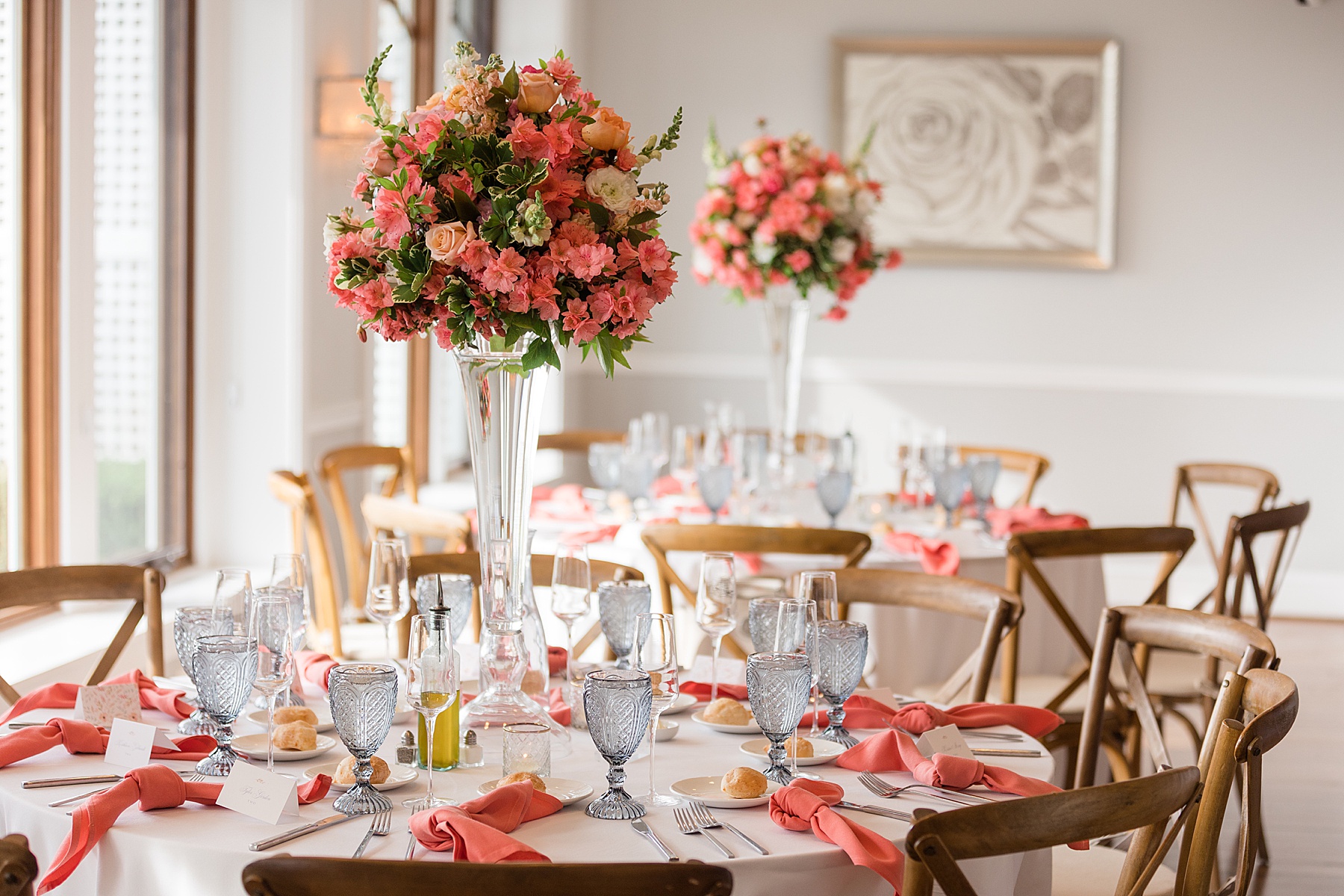 pink colorful wedding reception tables