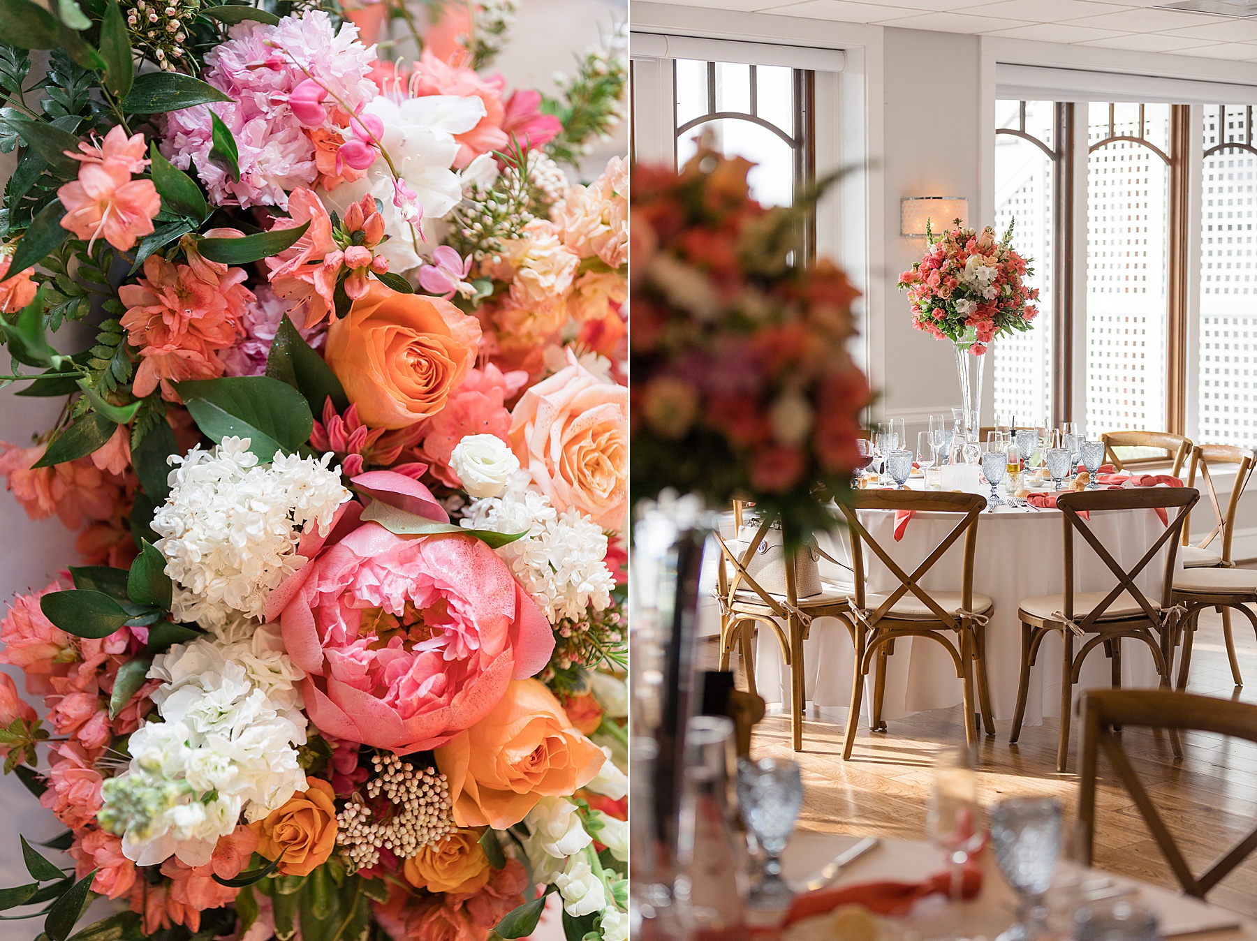 pink colorful wedding reception tables