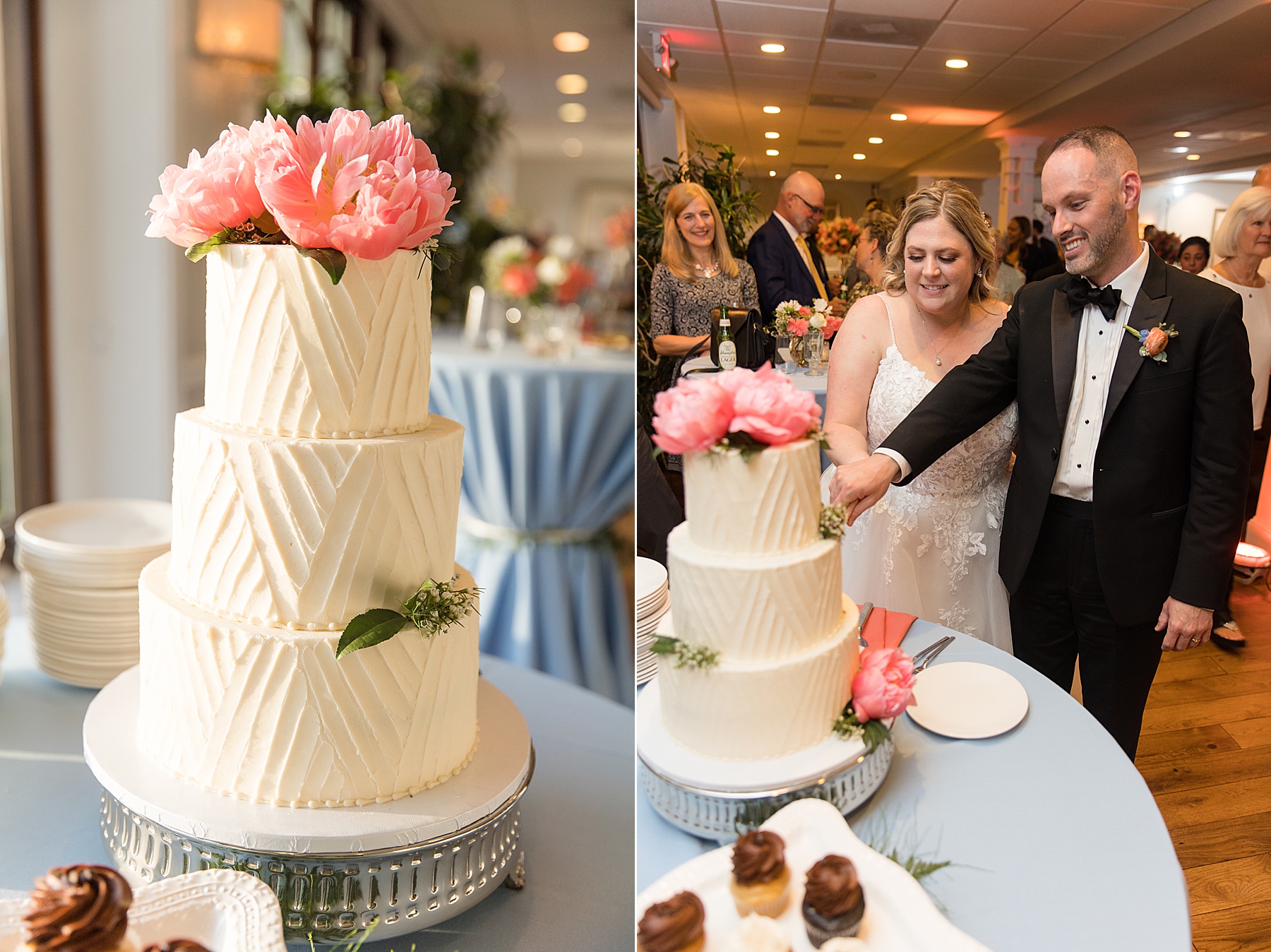 bride and groom pink cake cutting