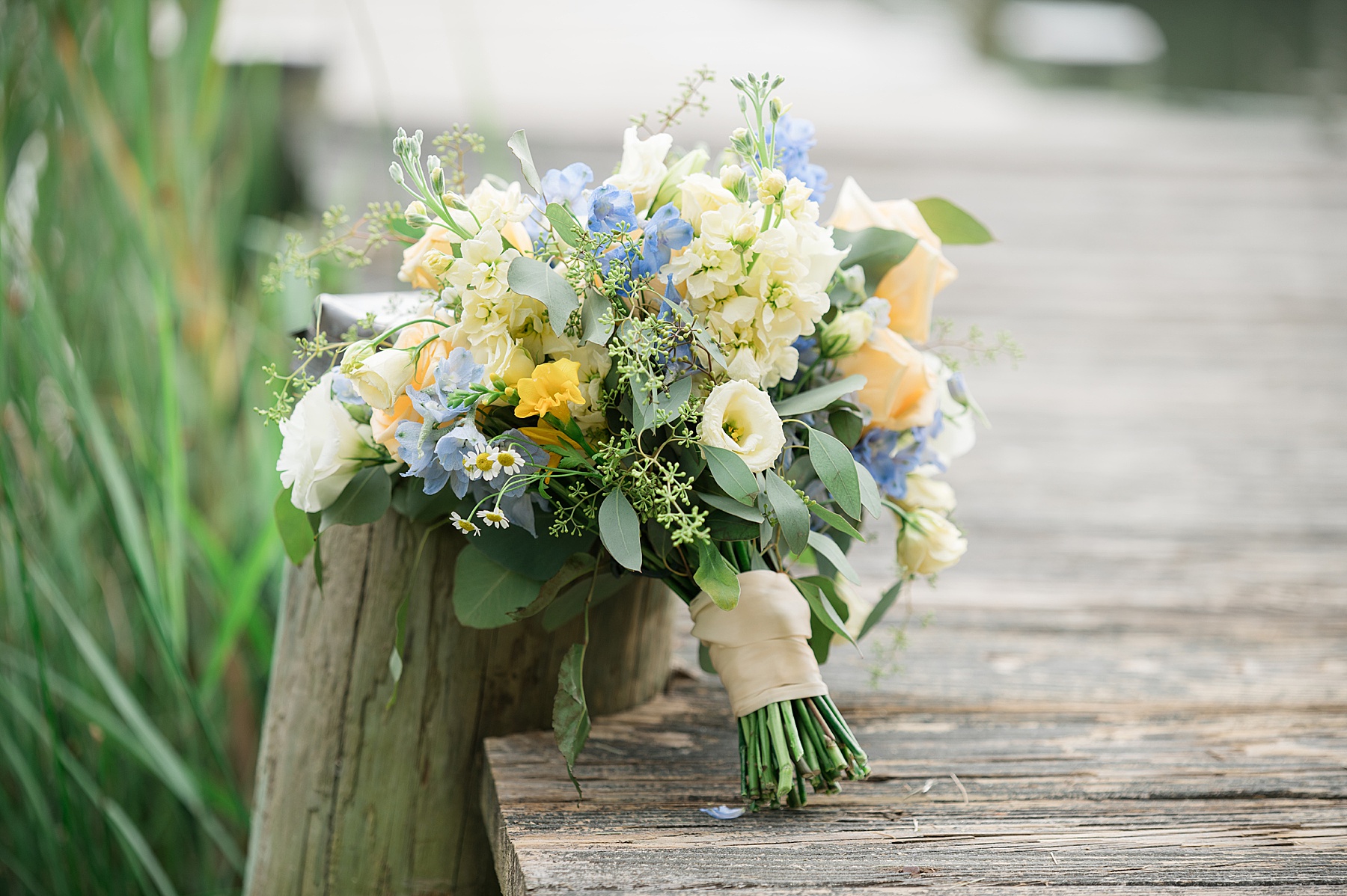 bridal bouquet yellow and blue kent island pier