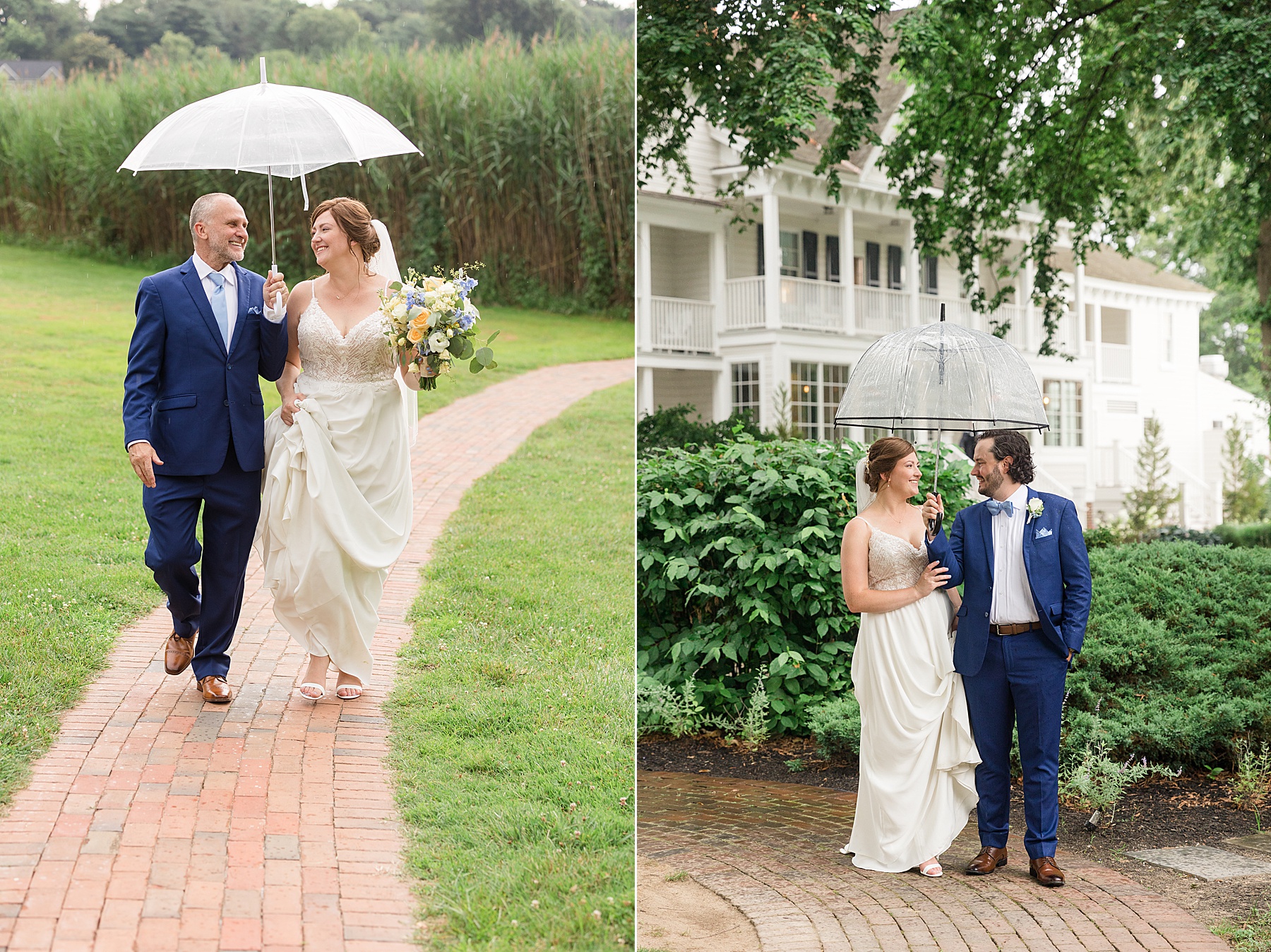 bride and groom portraits under umbrella rainy wedding