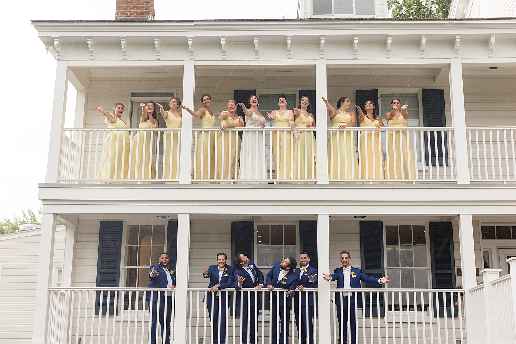 wedding party rainy balcony