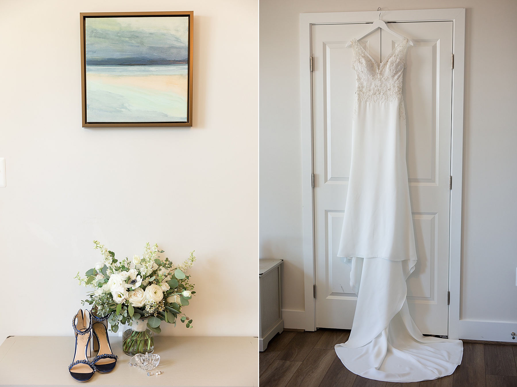 bridal details dress and blue shoes coastal wedding