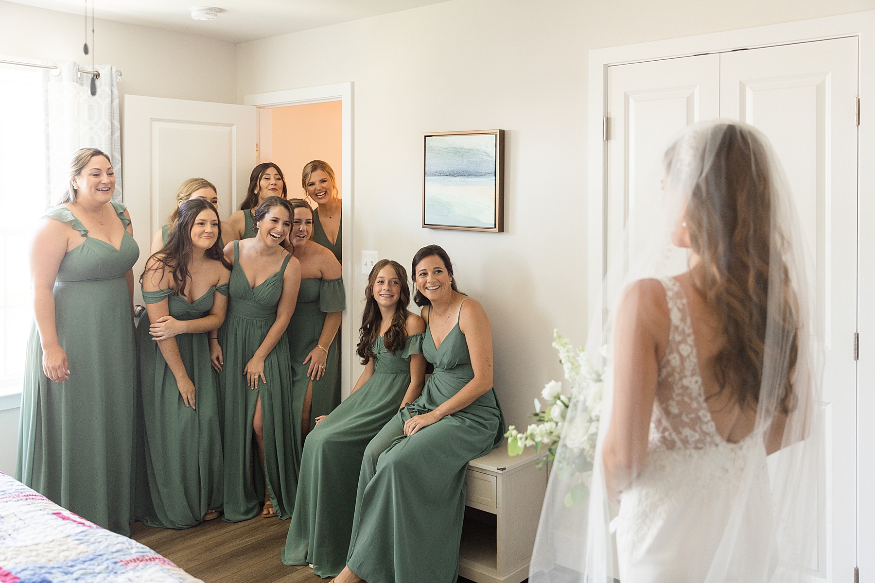 bridesmaids react to bride dressed