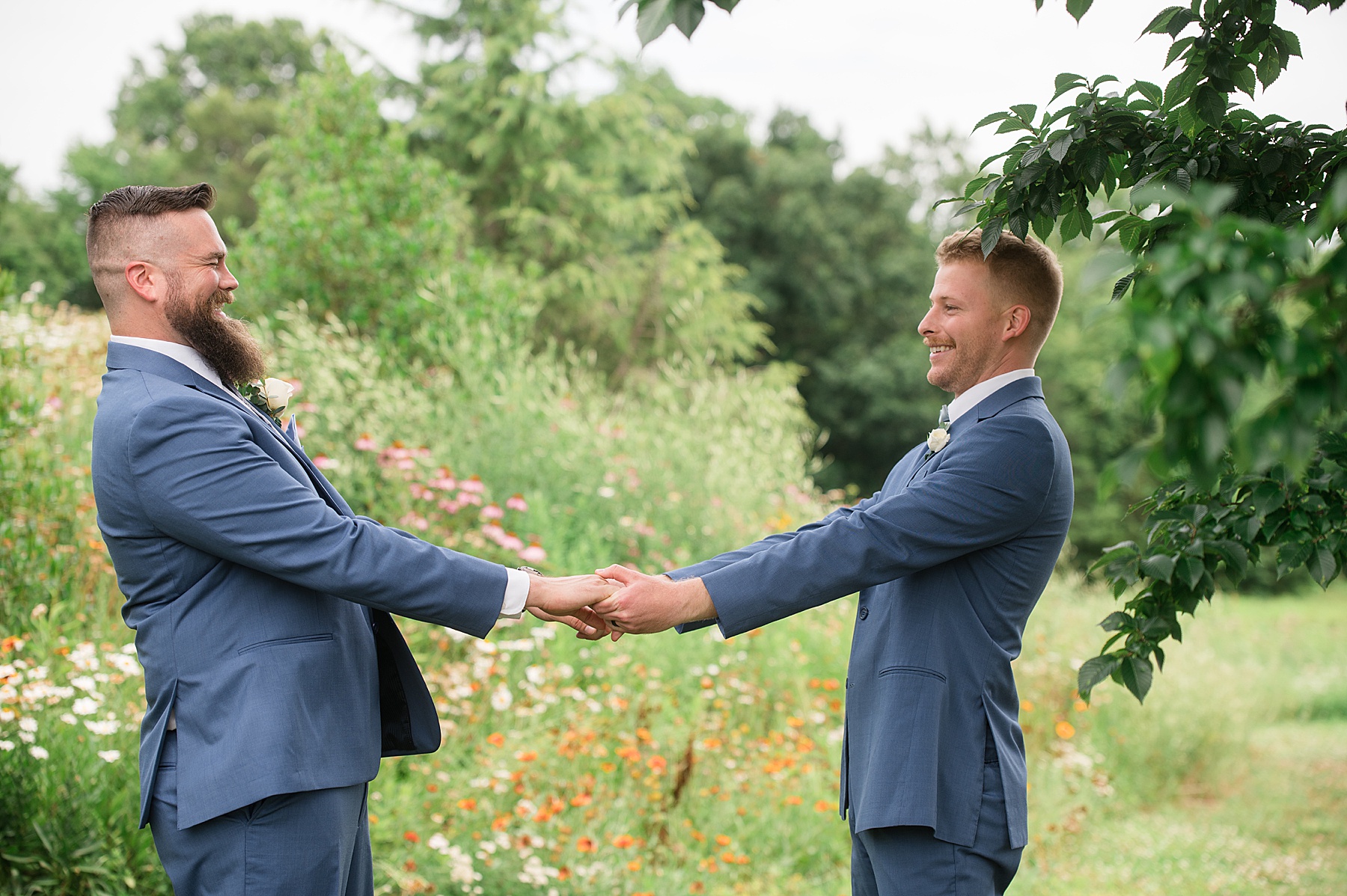 groom and groomsman portrait navy suits funny