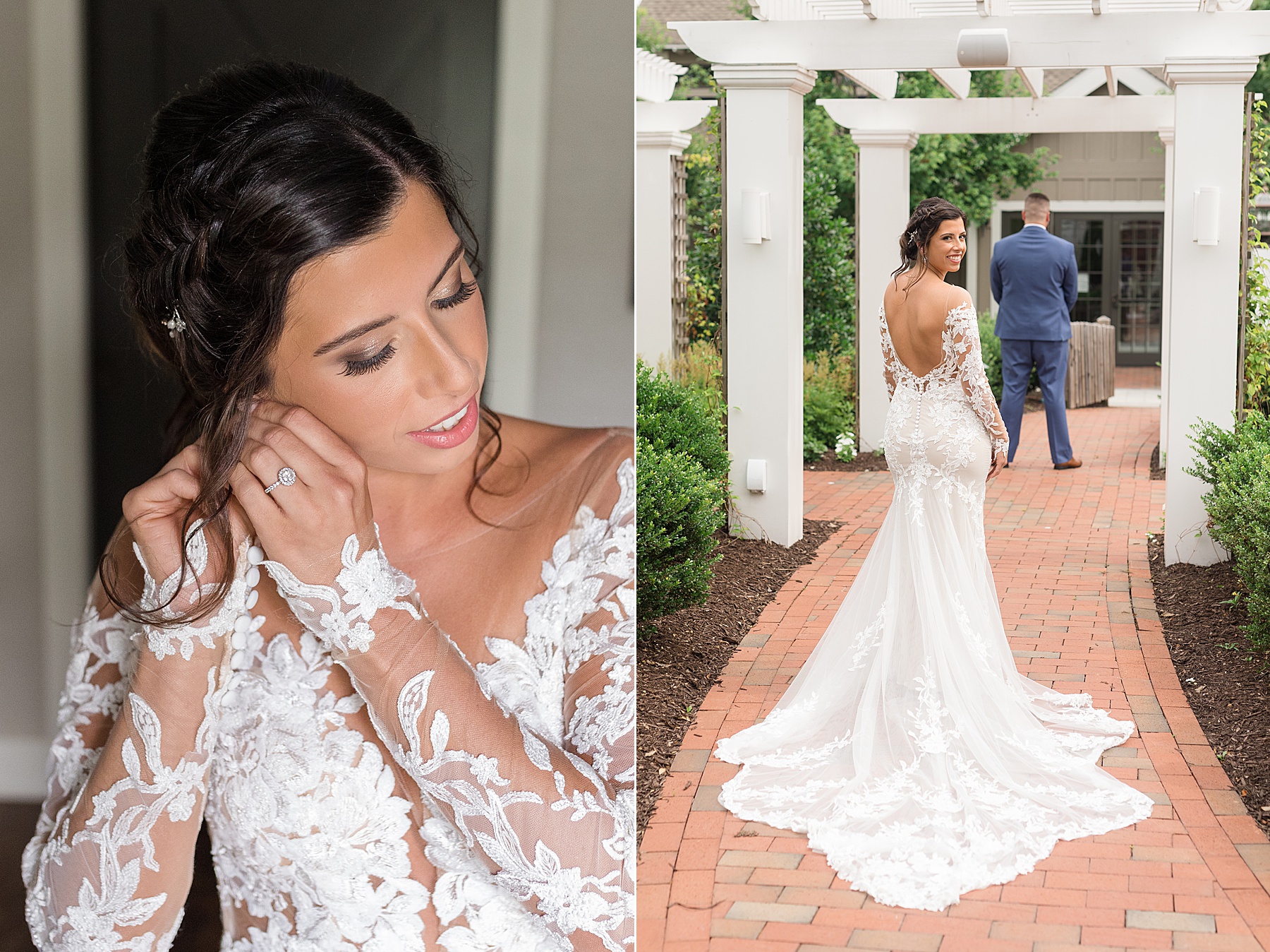 bride putting earring in first look with groom