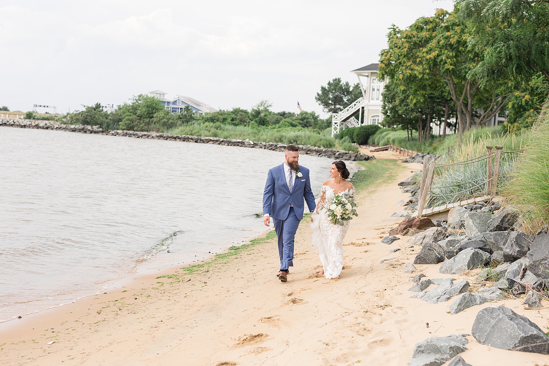 bride and groom beach portrait