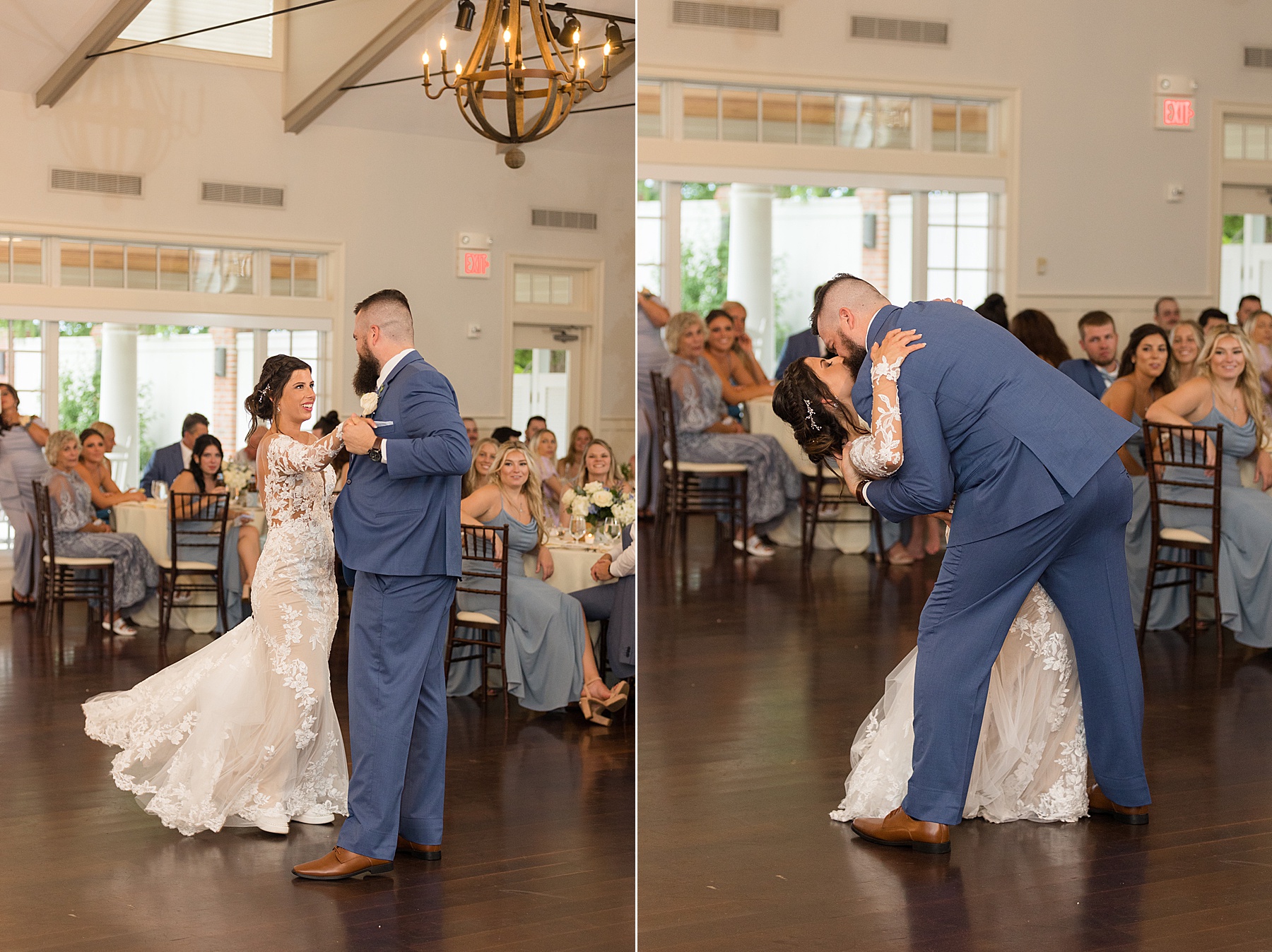 bride and groom first dance dip kiss