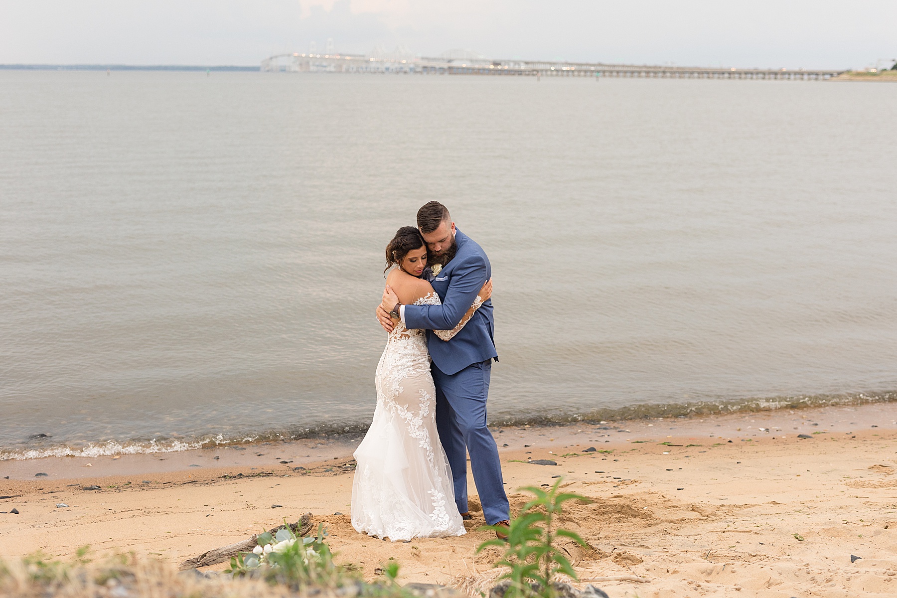 bride and groom portrait on beach