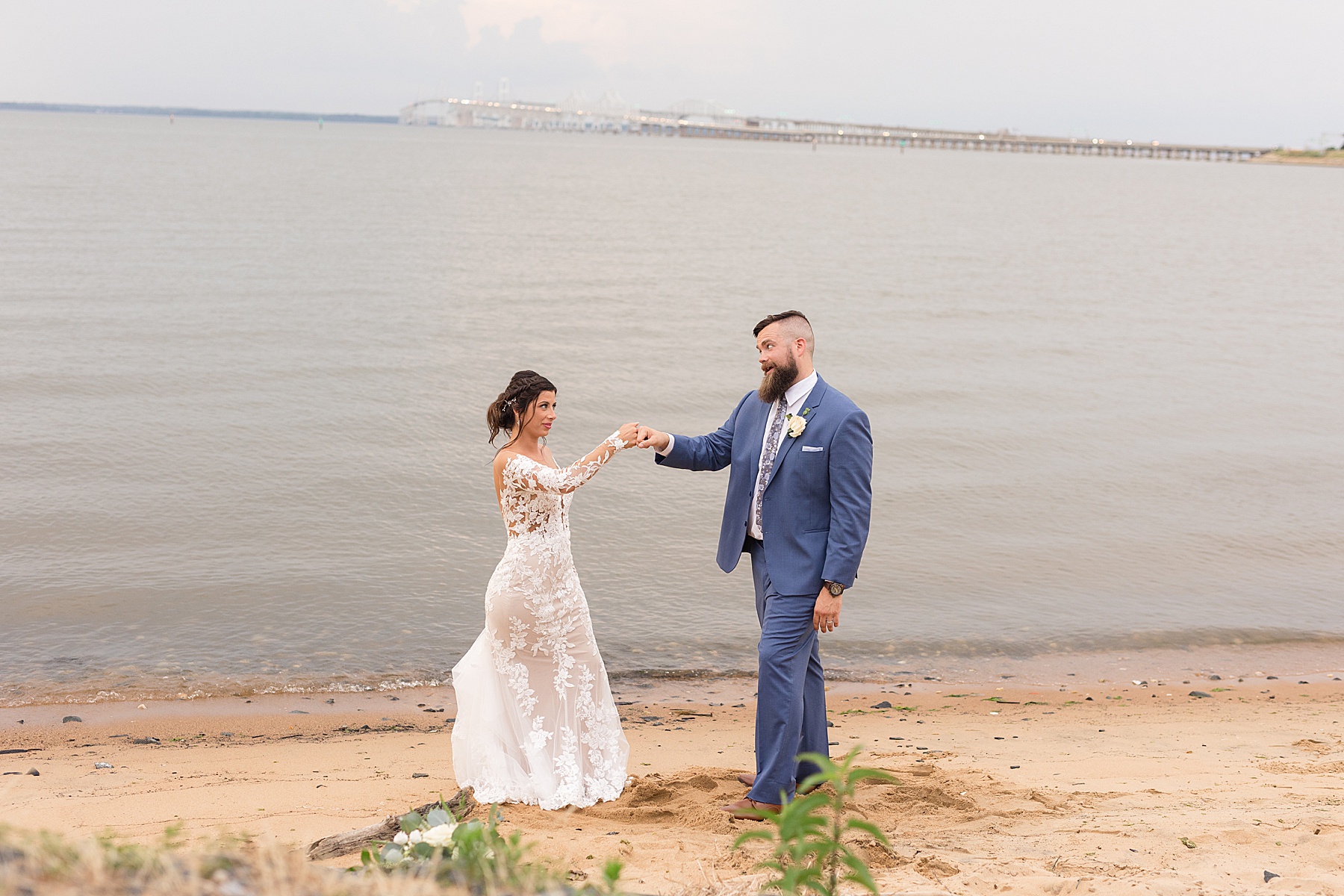 bride and groom portrait on beach