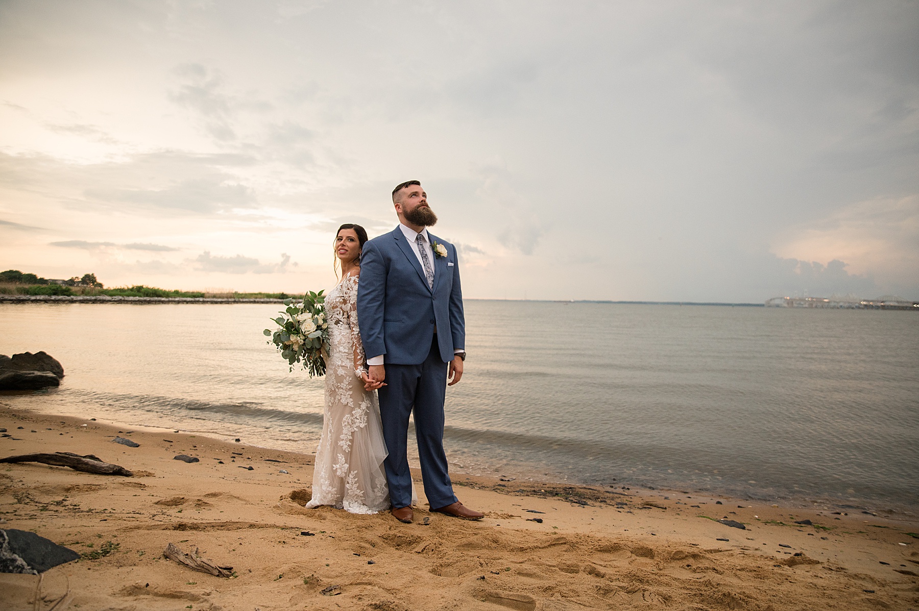 bride and groom portrait on beach