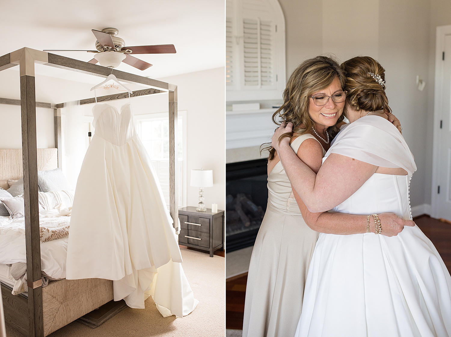 wedding dress bride hugging mom