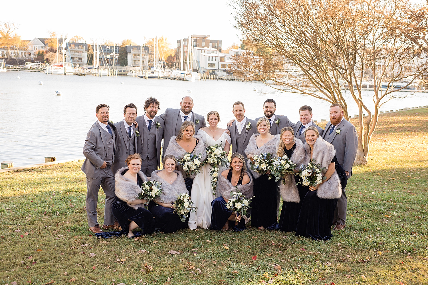 newlyweds with full wedding party