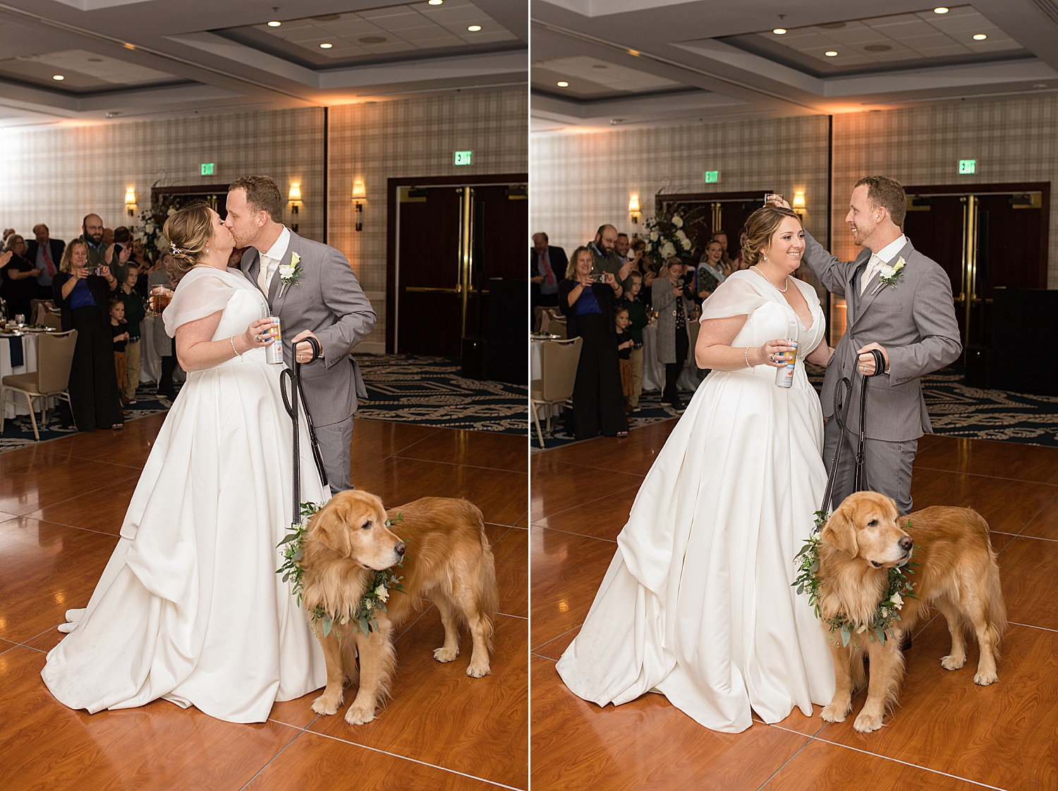 bride and groom kiss on dance floor with their dog