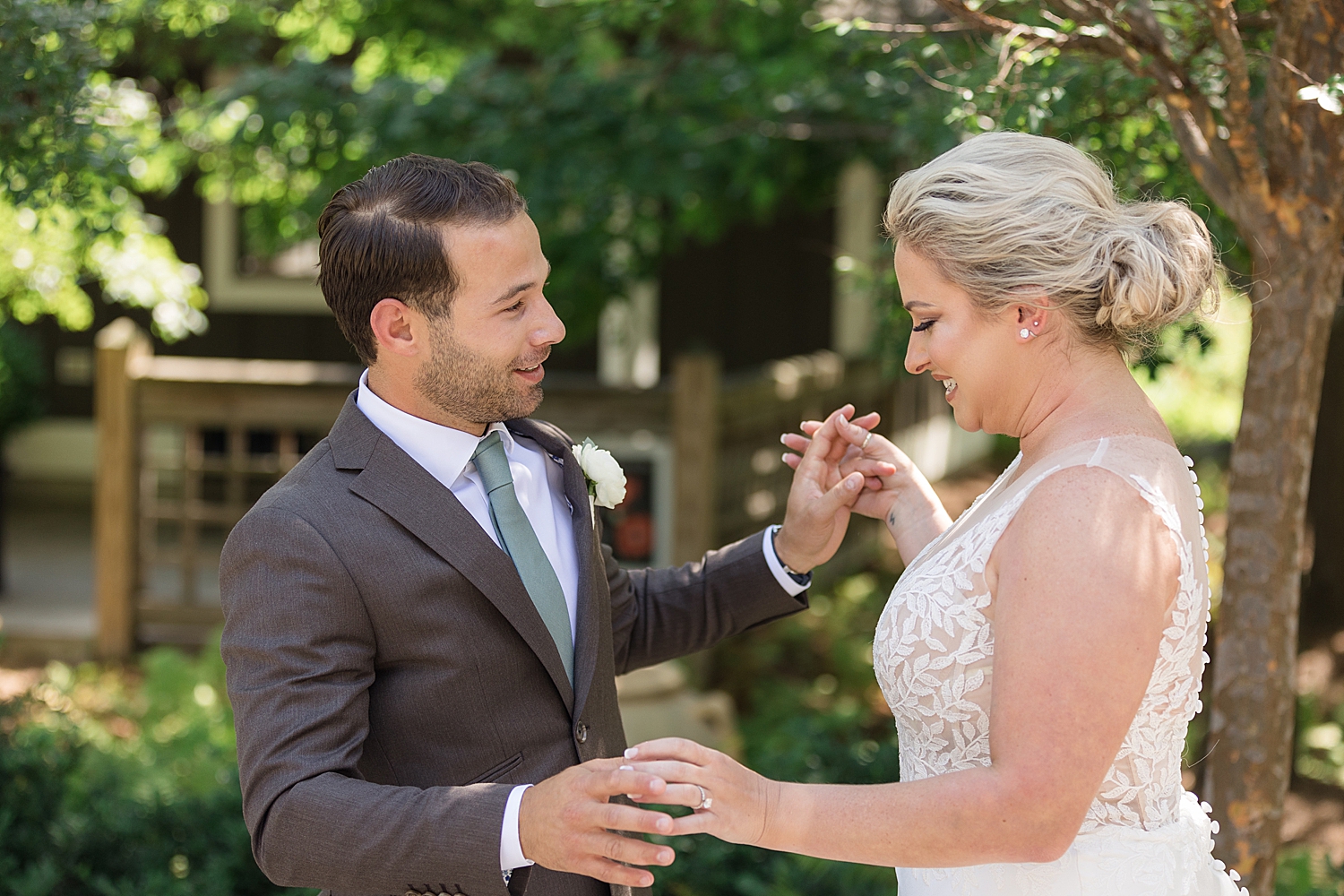 bride and groom first look chesapeake bay beach club inn courtyard