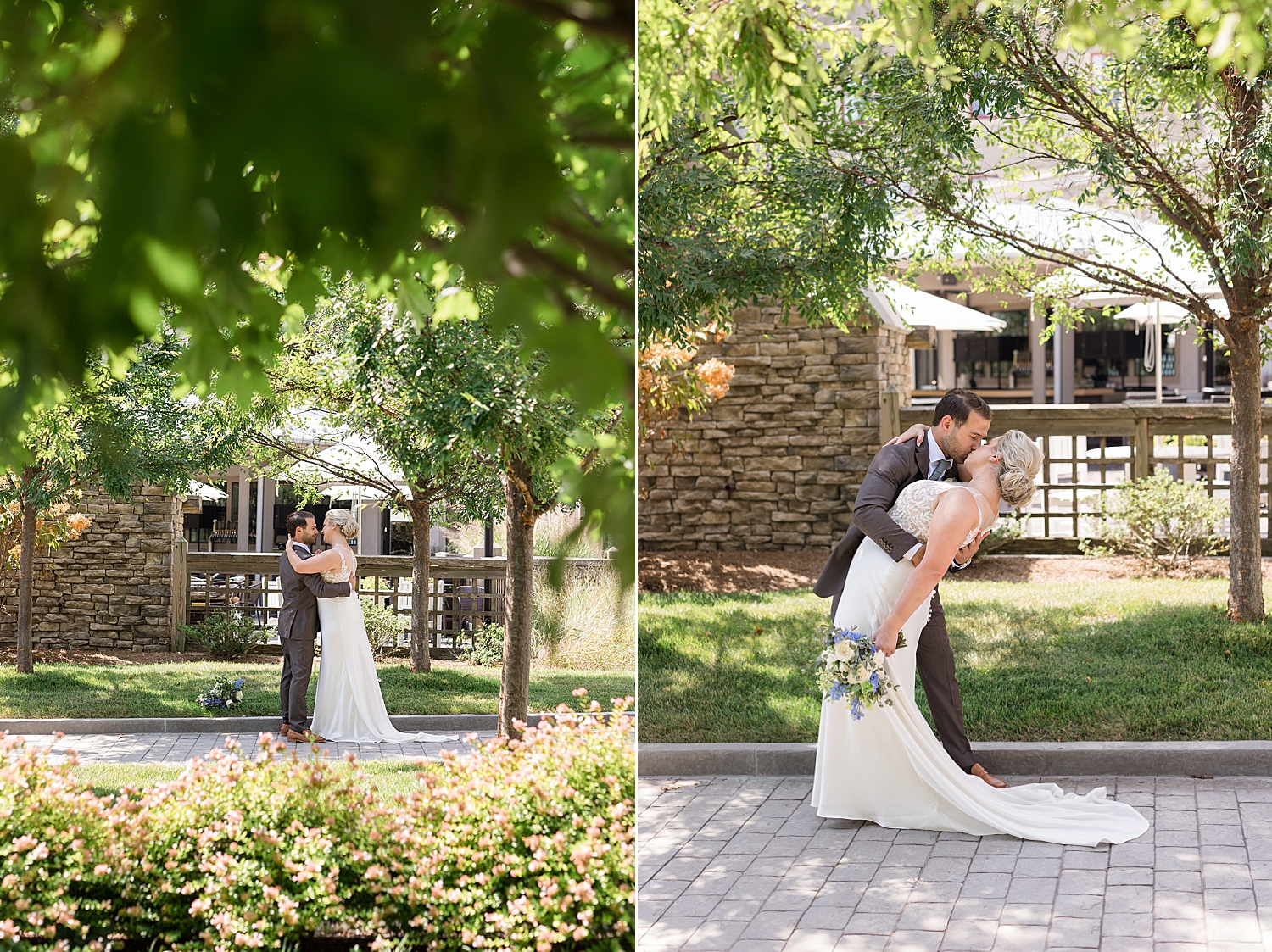 bride and groom portrait dip kiss