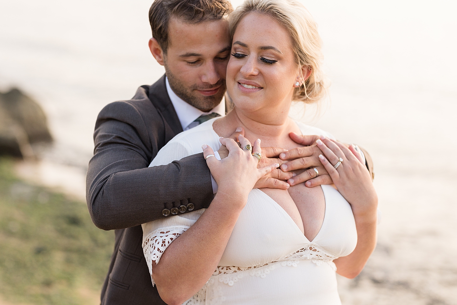 bride and groom portrait sunset beach