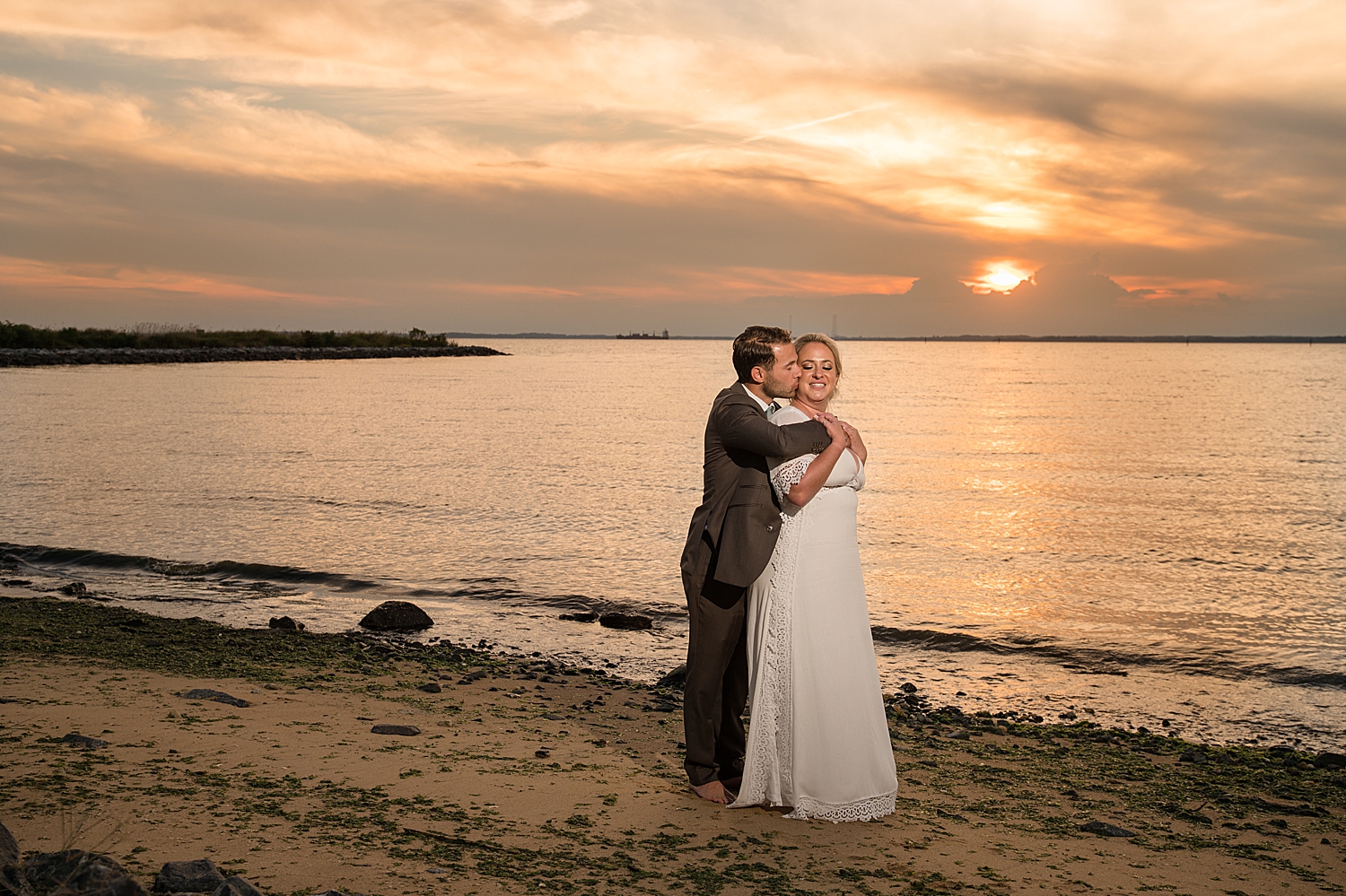 bride and groom portrait sunset beach