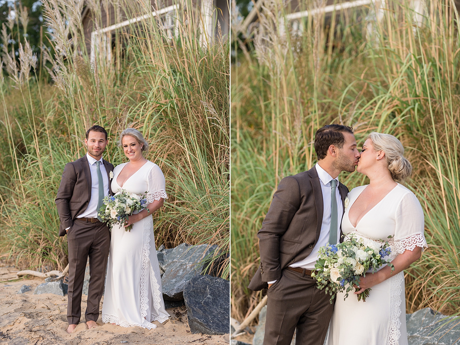 bride and groom portrait sunset beach