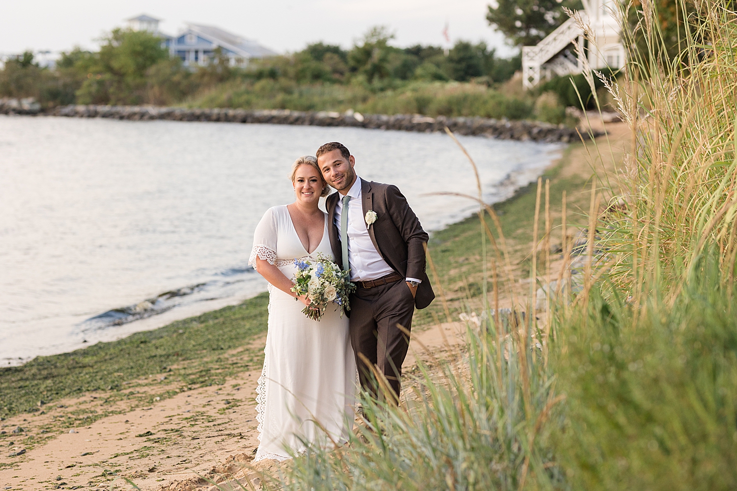 bride and groom portrait sunset beach