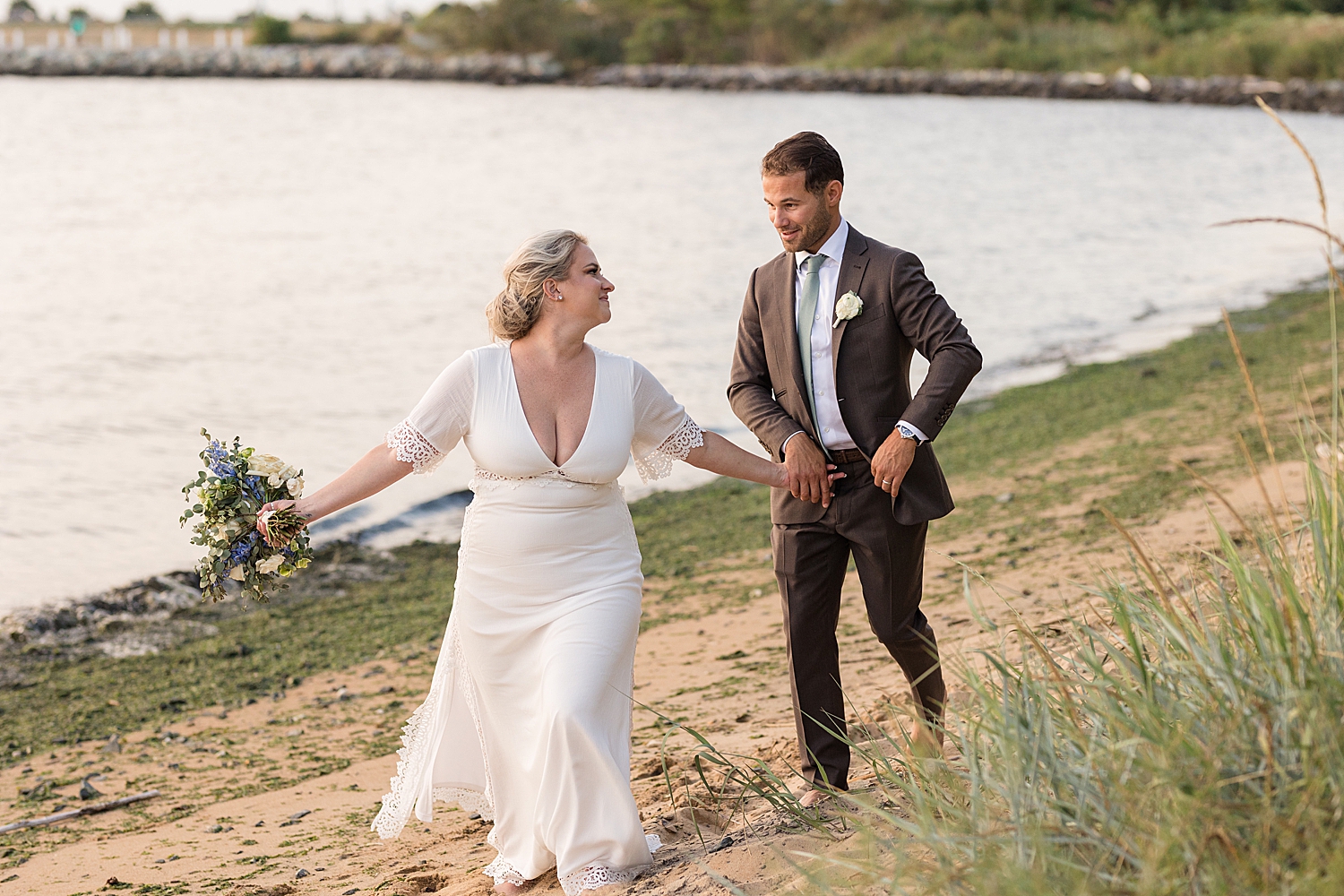 bride and groom portrait sunset beach