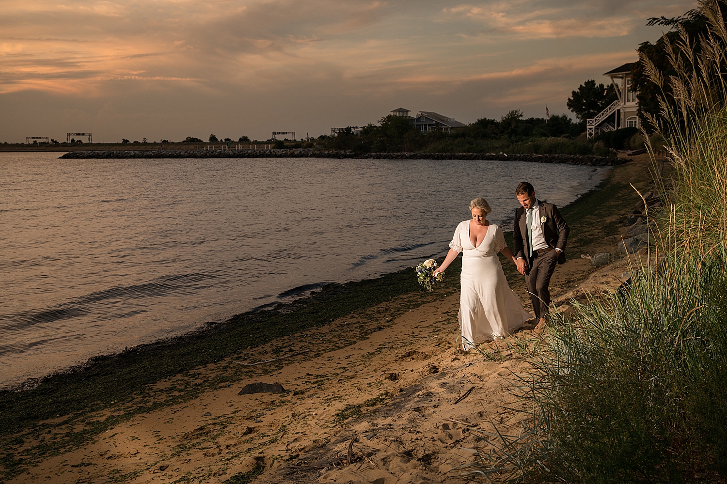 bride and groom portrait sunset beach walking