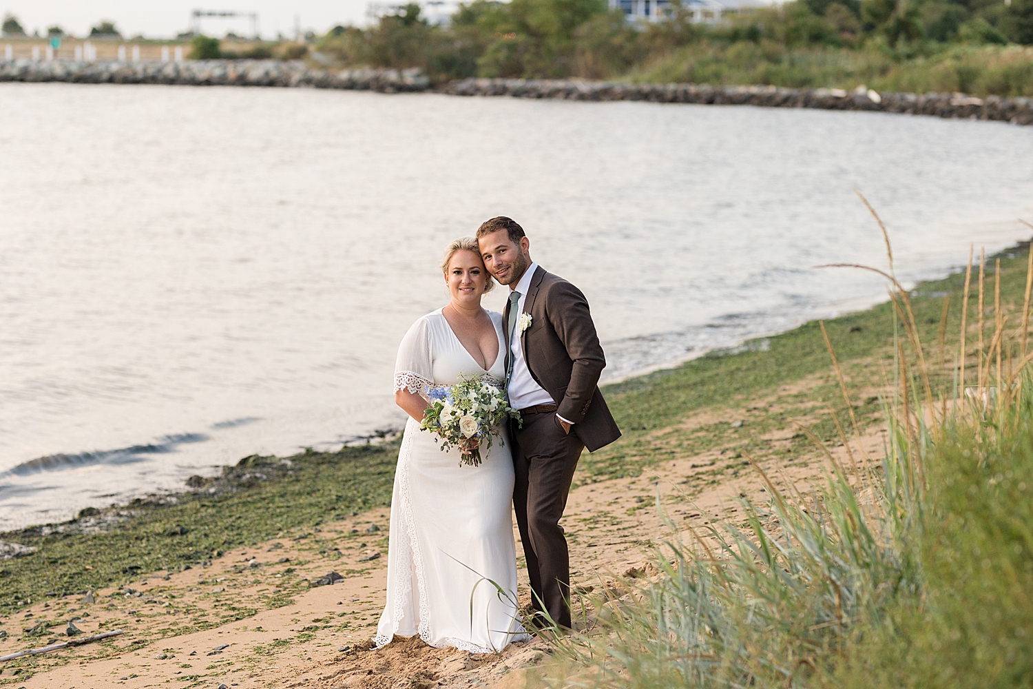 bride and groom portrait sunset beach