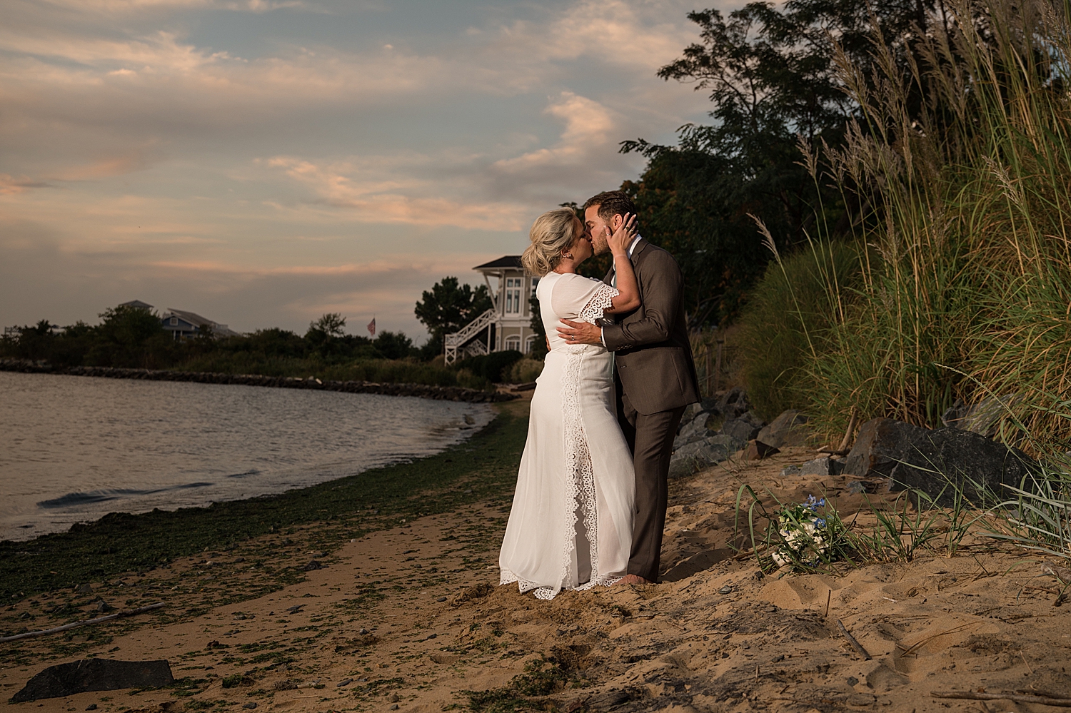 bride and groom portrait sunset beach