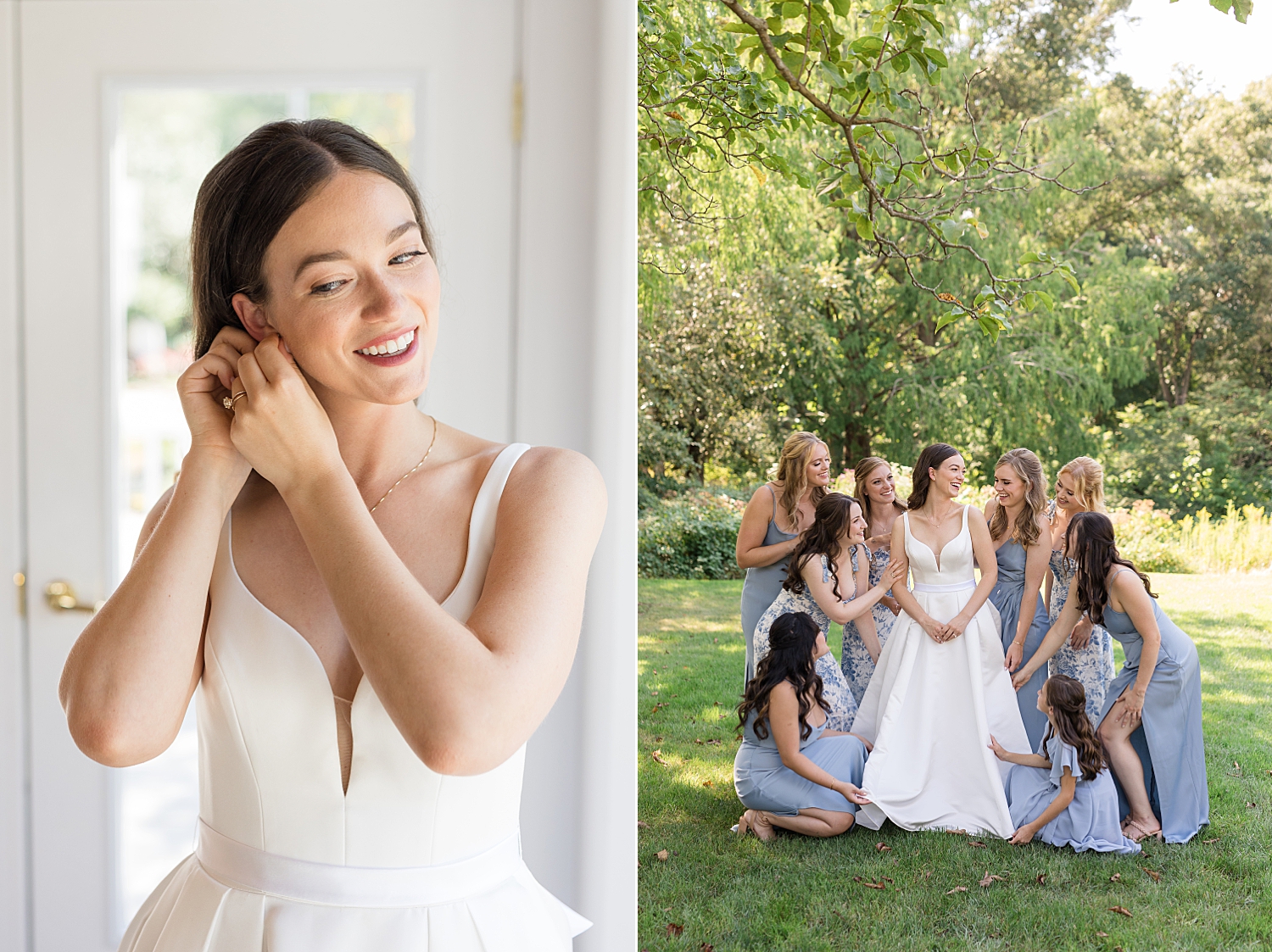 bride with bridesmaids in blue florals