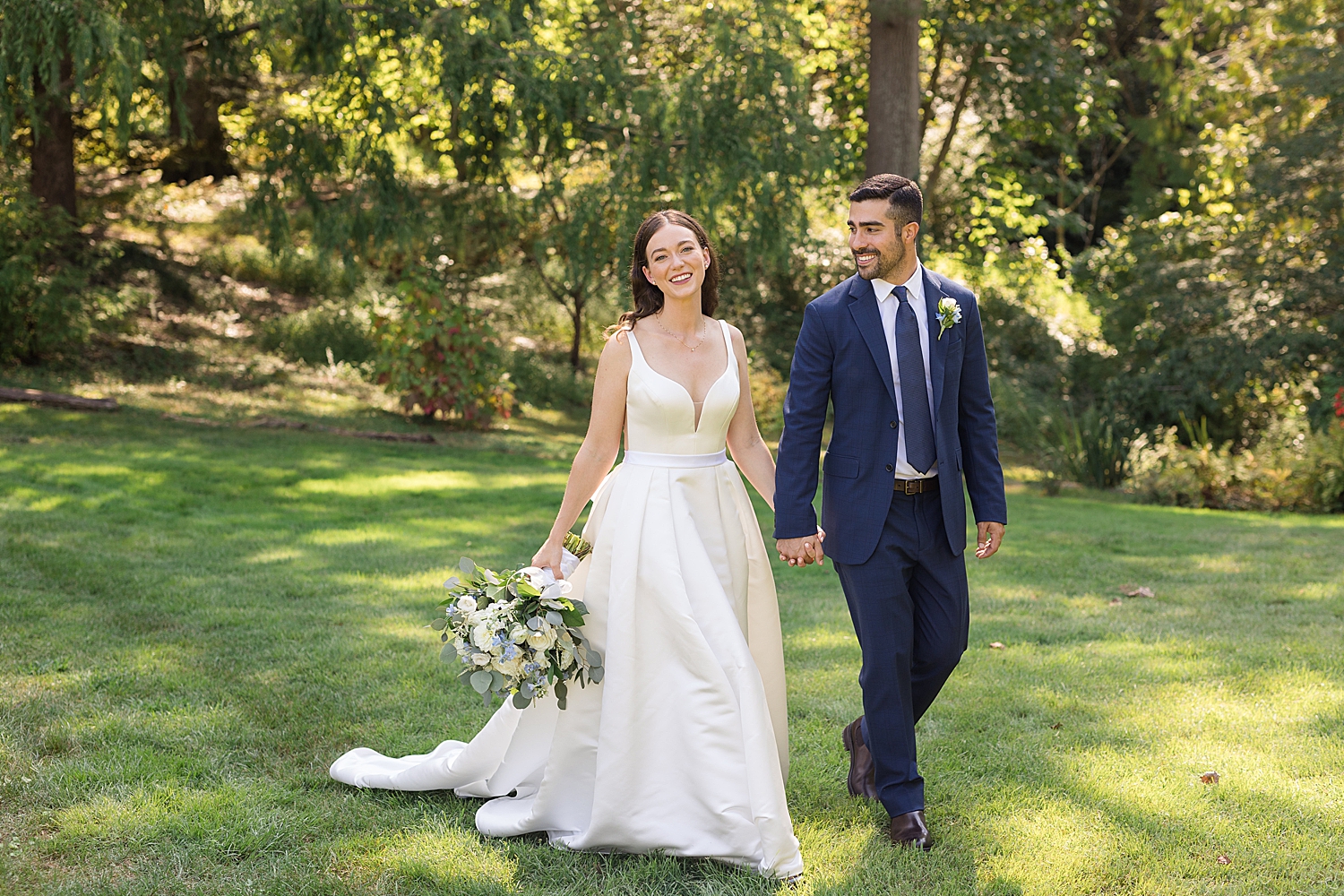 couple portrait walking smiling