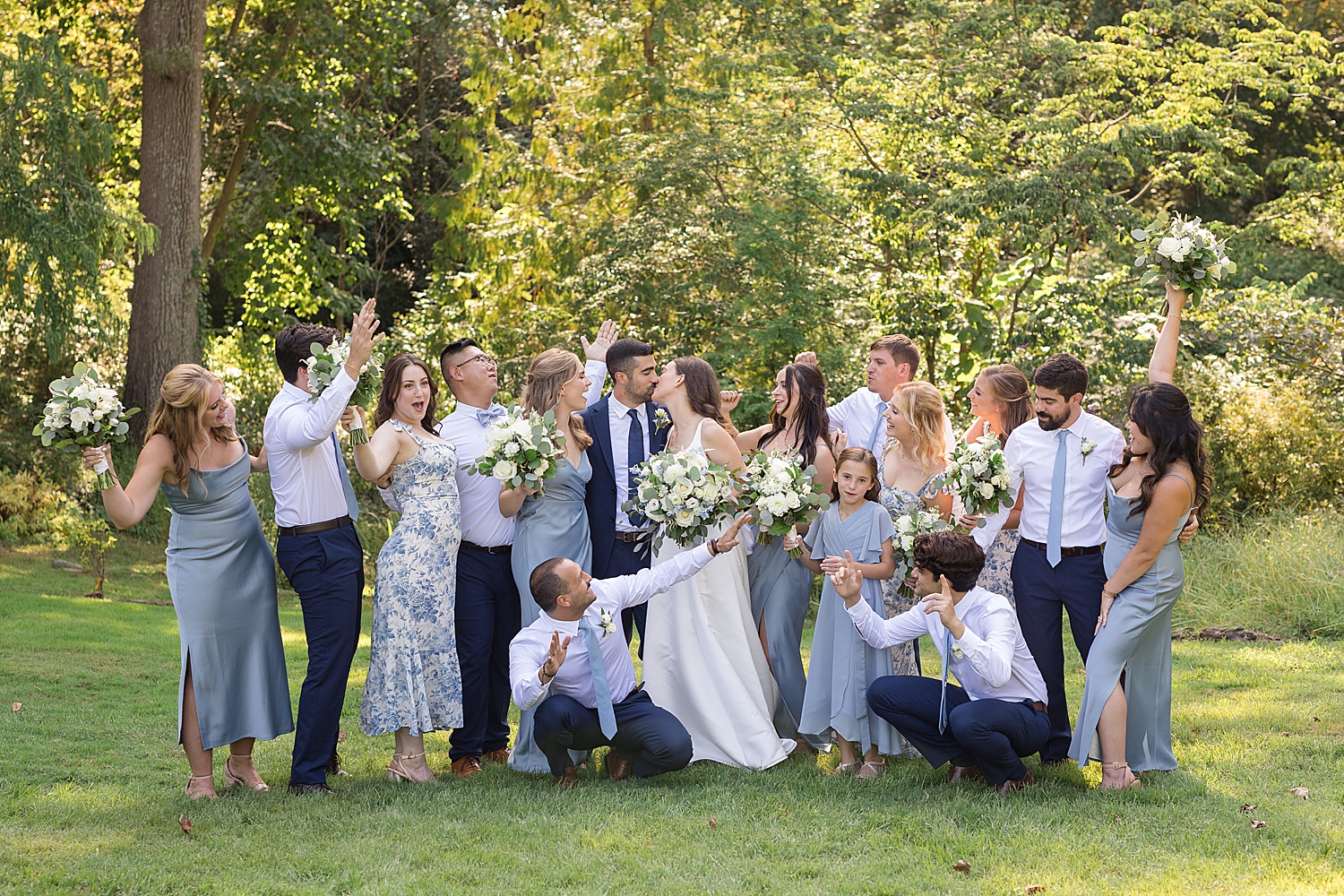 full wedding party cheering