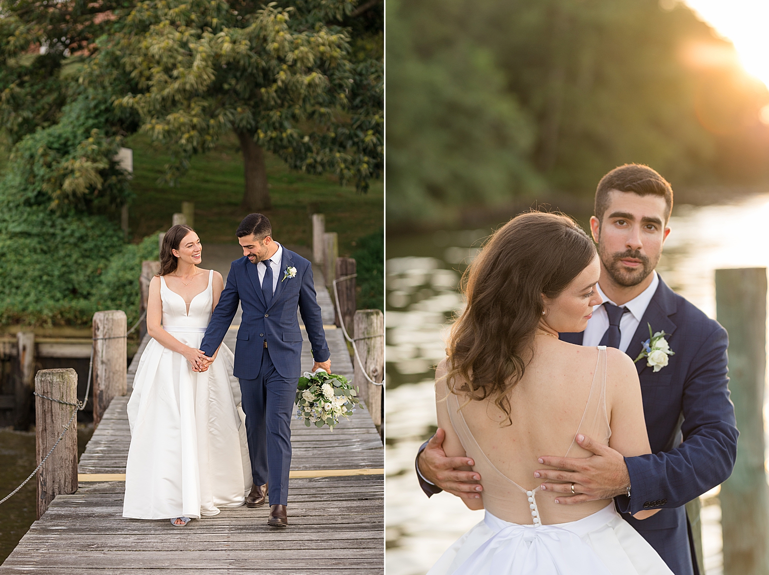 bride and groom on pier at sunset